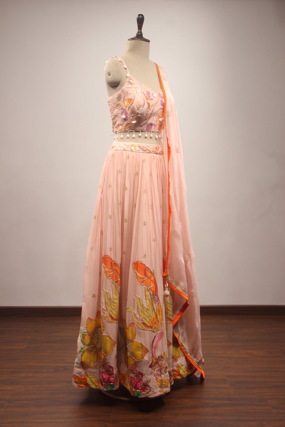 Peach Crepe Lehenga with Hand Embroidery & Bead Handwork Crop Top