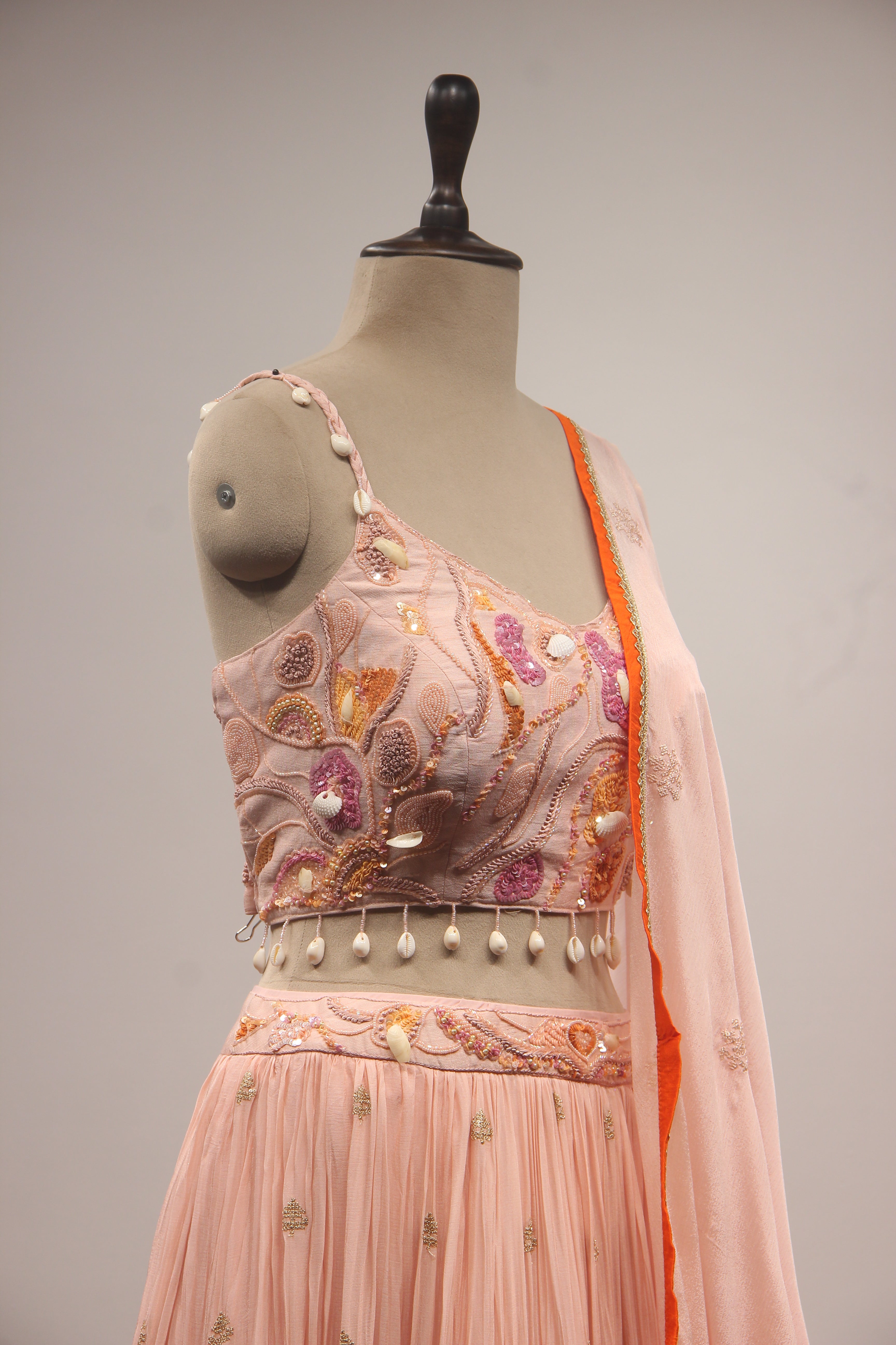 Peach Crepe Lehenga with Hand Embroidery & Bead Handwork Crop Top