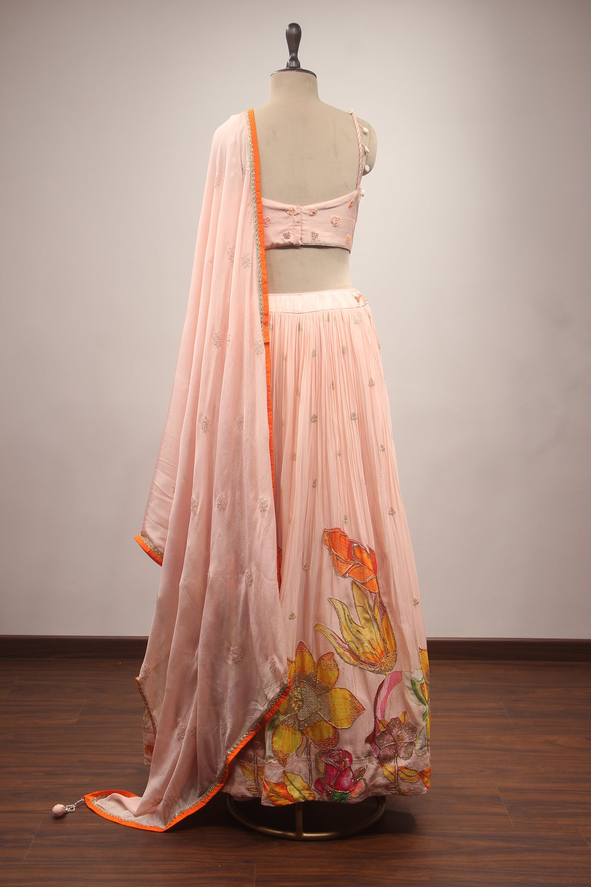 Peach Crepe Lehenga with Hand Embroidery & Bead Handwork Crop Top