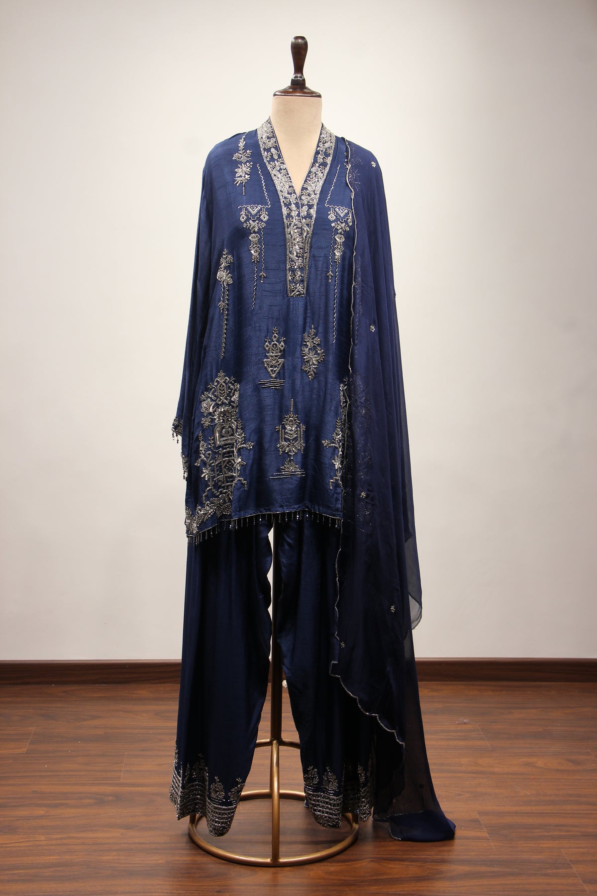 Dupion Full Sleeve Farshi Salwar Suit with Cut Dana & Sequin Handwork in Blue – front view
