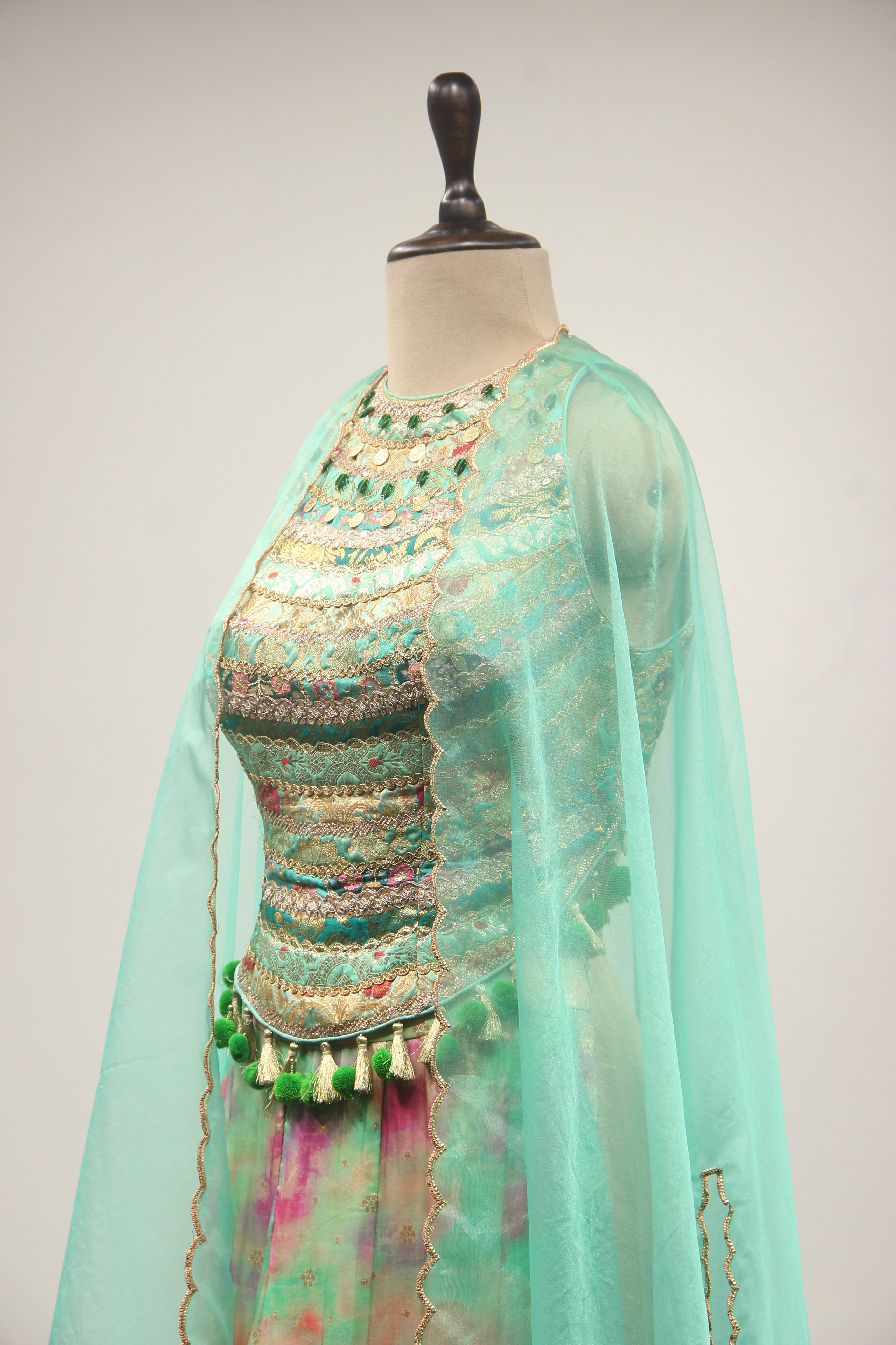 Green Organza Indo-Western with Zari Handwork Palazzo Corset Blouse