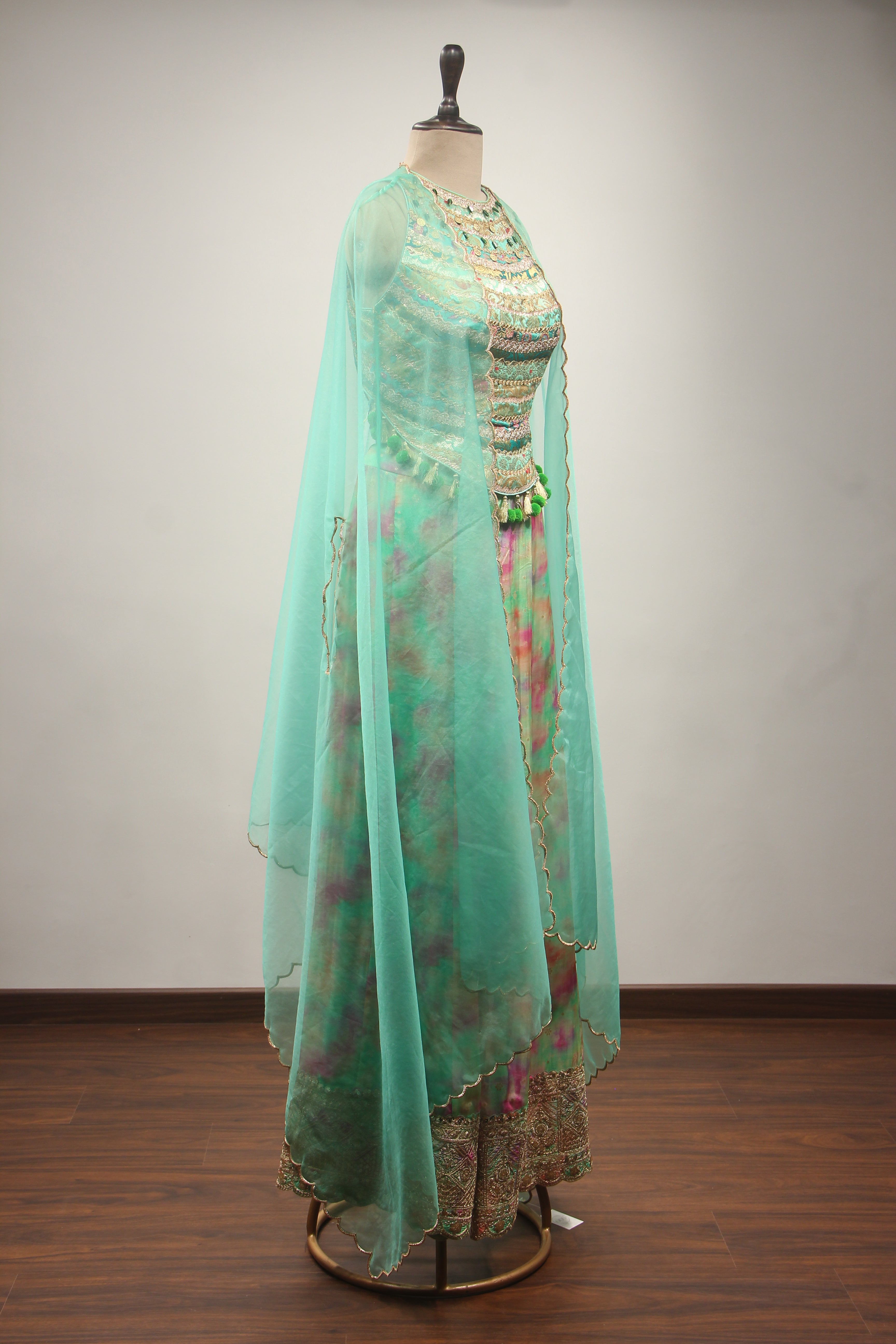 Green Organza Indo-Western with Zari Handwork Palazzo Corset Blouse