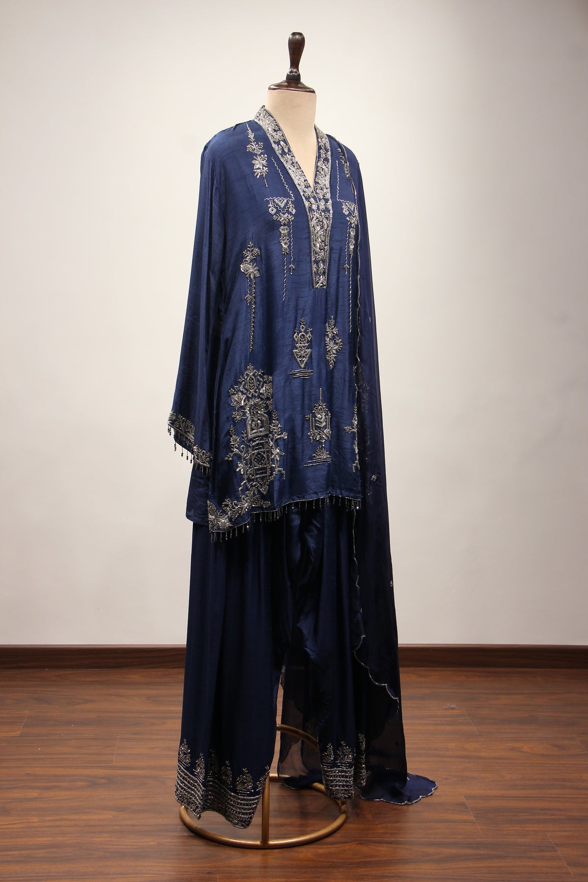 Dupion Full Sleeve Farshi Salwar Suit with Cut Dana & Sequin Handwork in Blue – side view