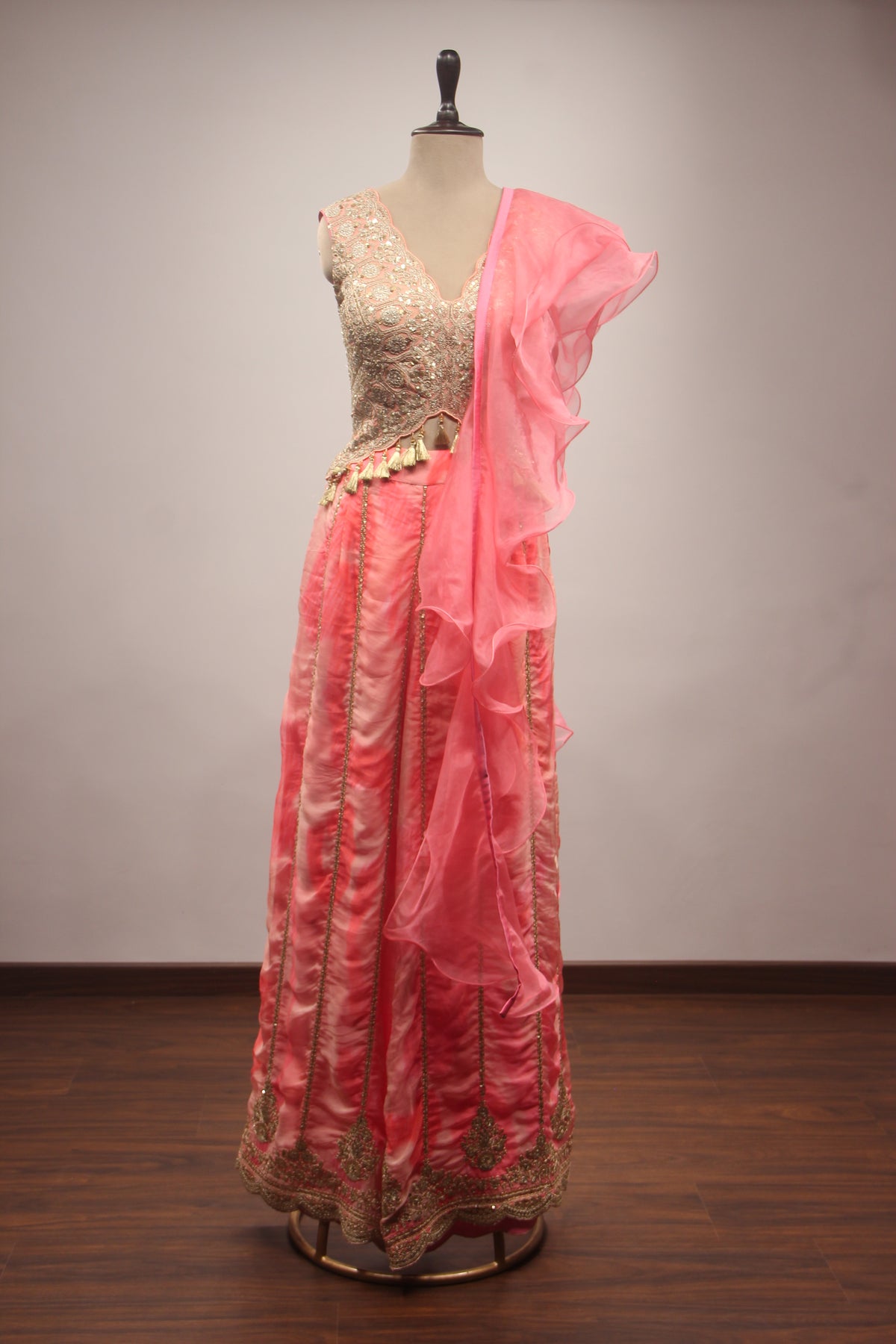 Peach Organza Indo-Western Palazzo with Zari & Sequin Handwork Ruffle Dupatta
