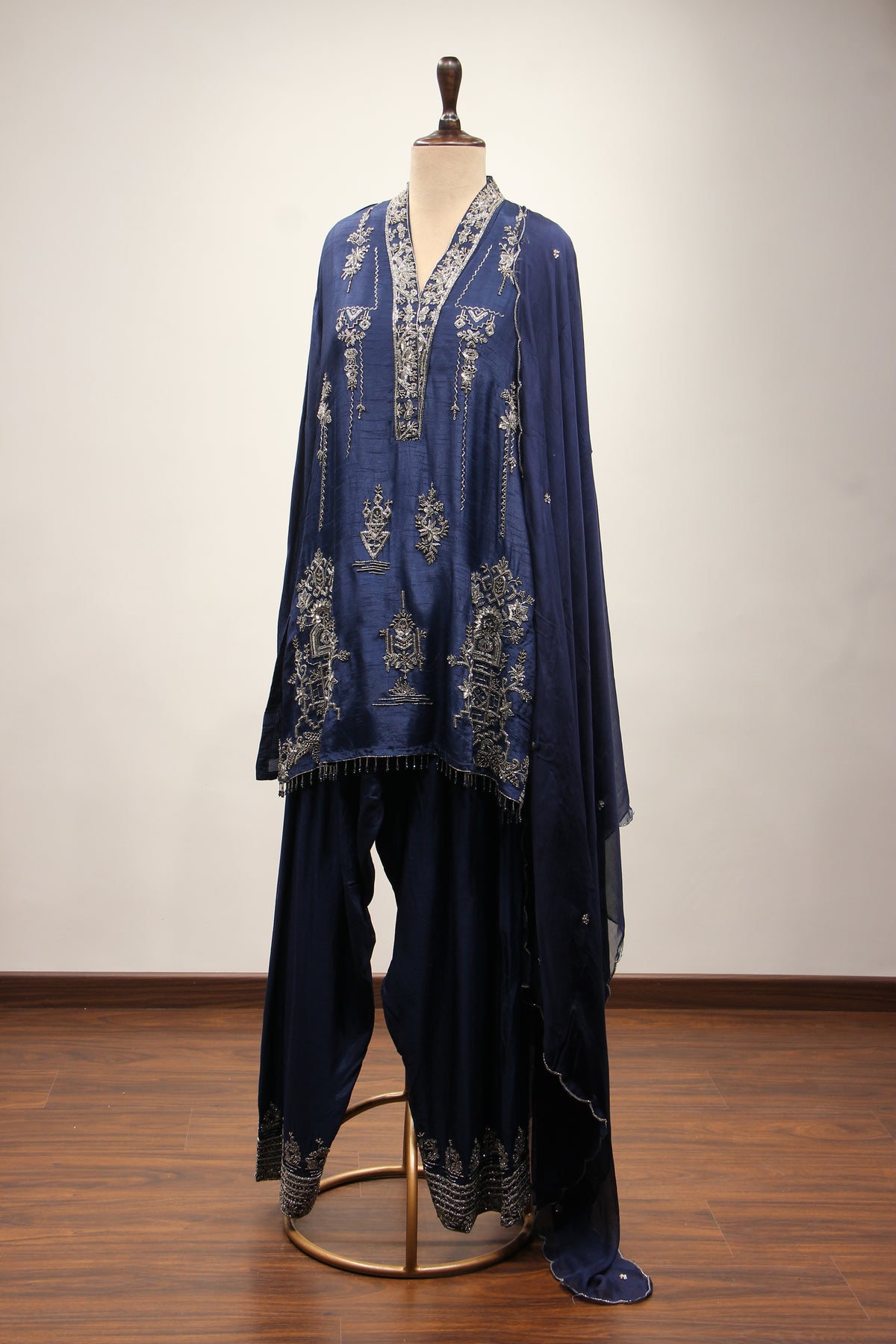 Dupion Full Sleeve Farshi Salwar Suit with Cut Dana & Sequin Handwork in Blue – other side view