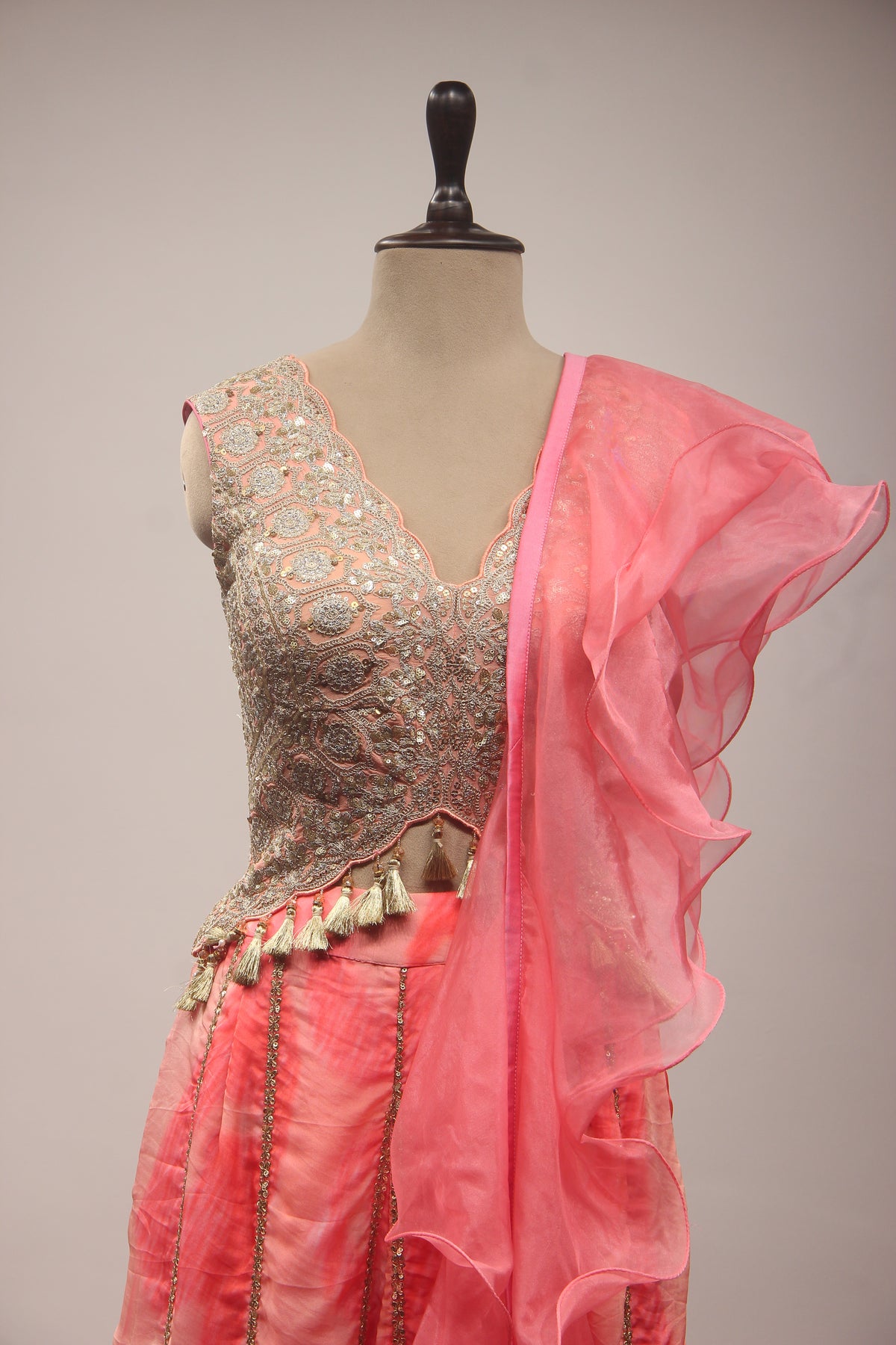 Peach Organza Indo-Western Palazzo with Zari & Sequin Handwork Ruffle Dupatta