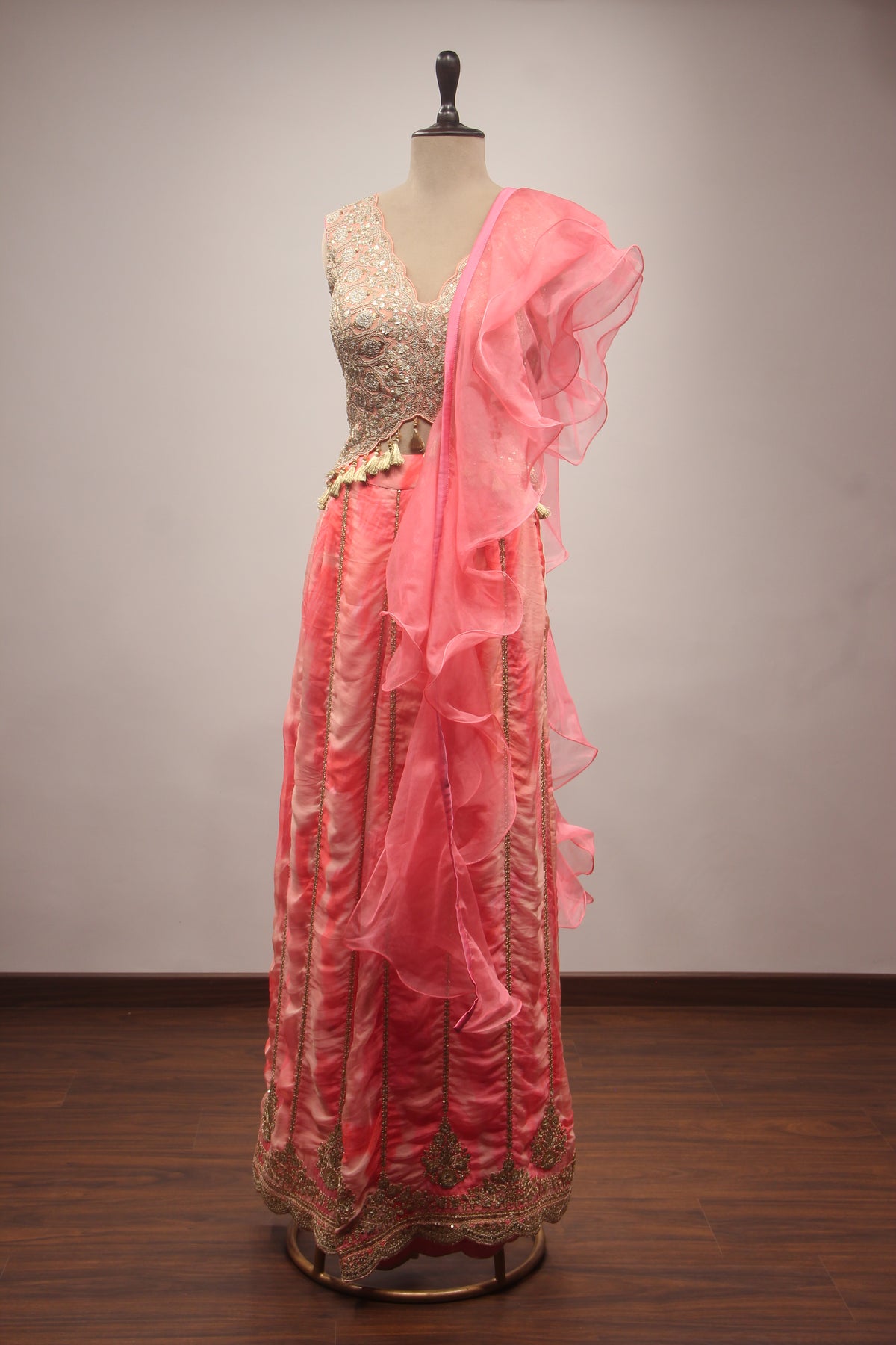 Peach Organza Indo-Western Palazzo with Zari & Sequin Handwork Ruffle Dupatta