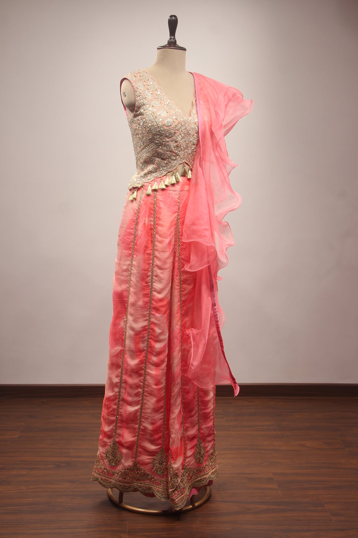 Peach Organza Indo-Western Palazzo with Zari & Sequin Handwork Ruffle Dupatta