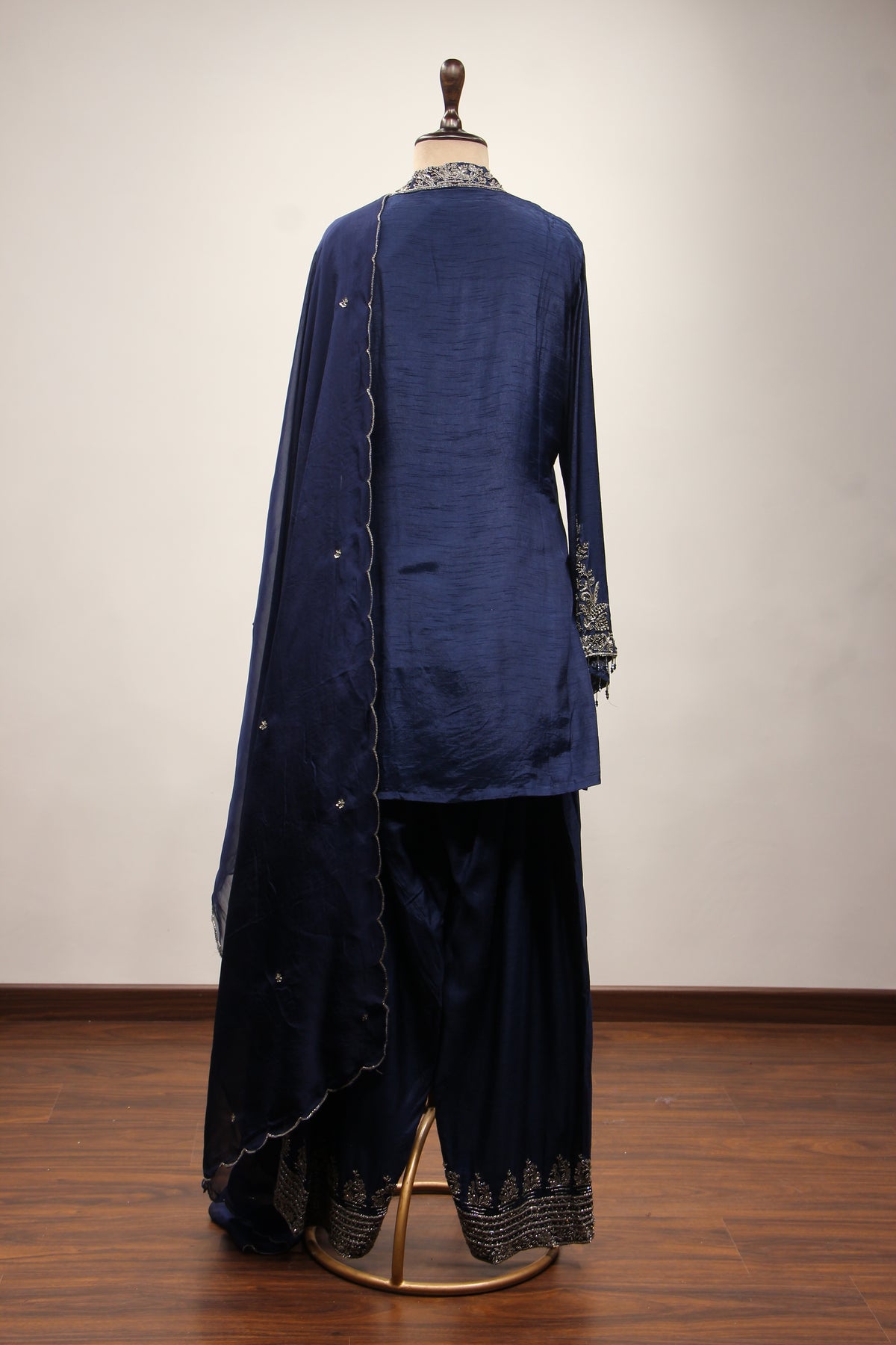 Dupion Full Sleeve Farshi Salwar Suit with Cut Dana & Sequin Handwork in Blue – back view