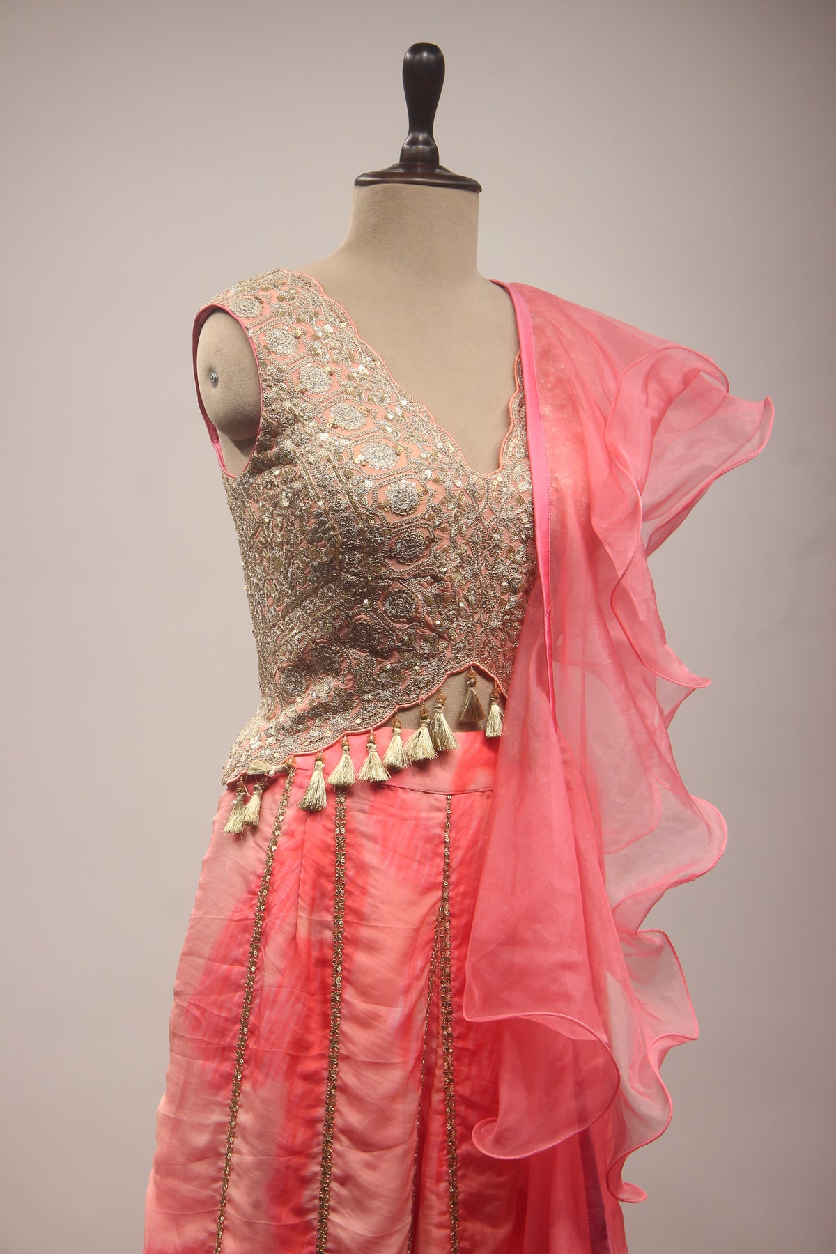 Peach Organza Indo-Western Palazzo with Zari & Sequin Handwork Ruffle Dupatta