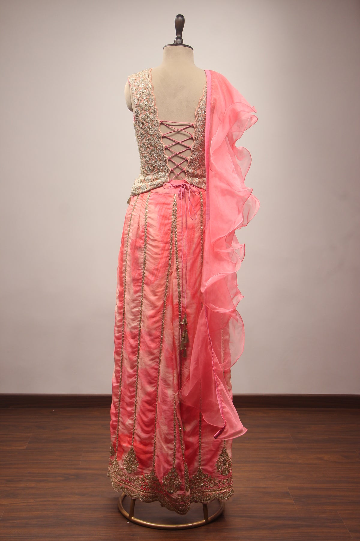 Peach Organza Indo-Western Palazzo with Zari & Sequin Handwork Ruffle Dupatta