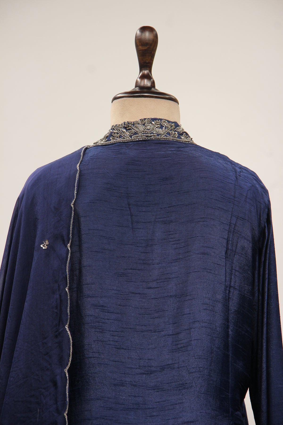 Dupion Full Sleeve Farshi Salwar Suit with Cut Dana & Sequin Handwork in Blue – back close-up