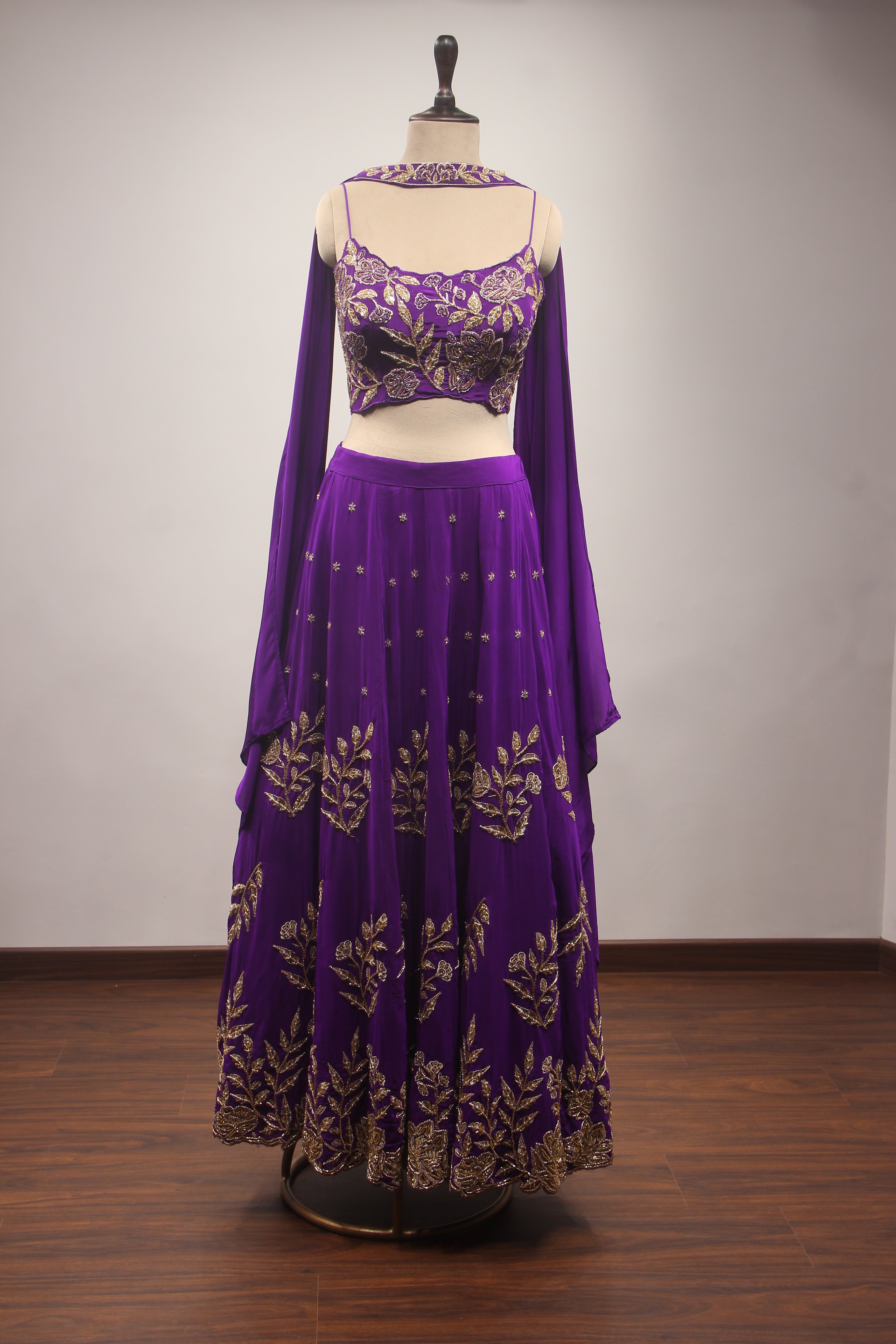 Crepe Lehenga with Zari & Zardozi Handwork Crop Top and Dupatta