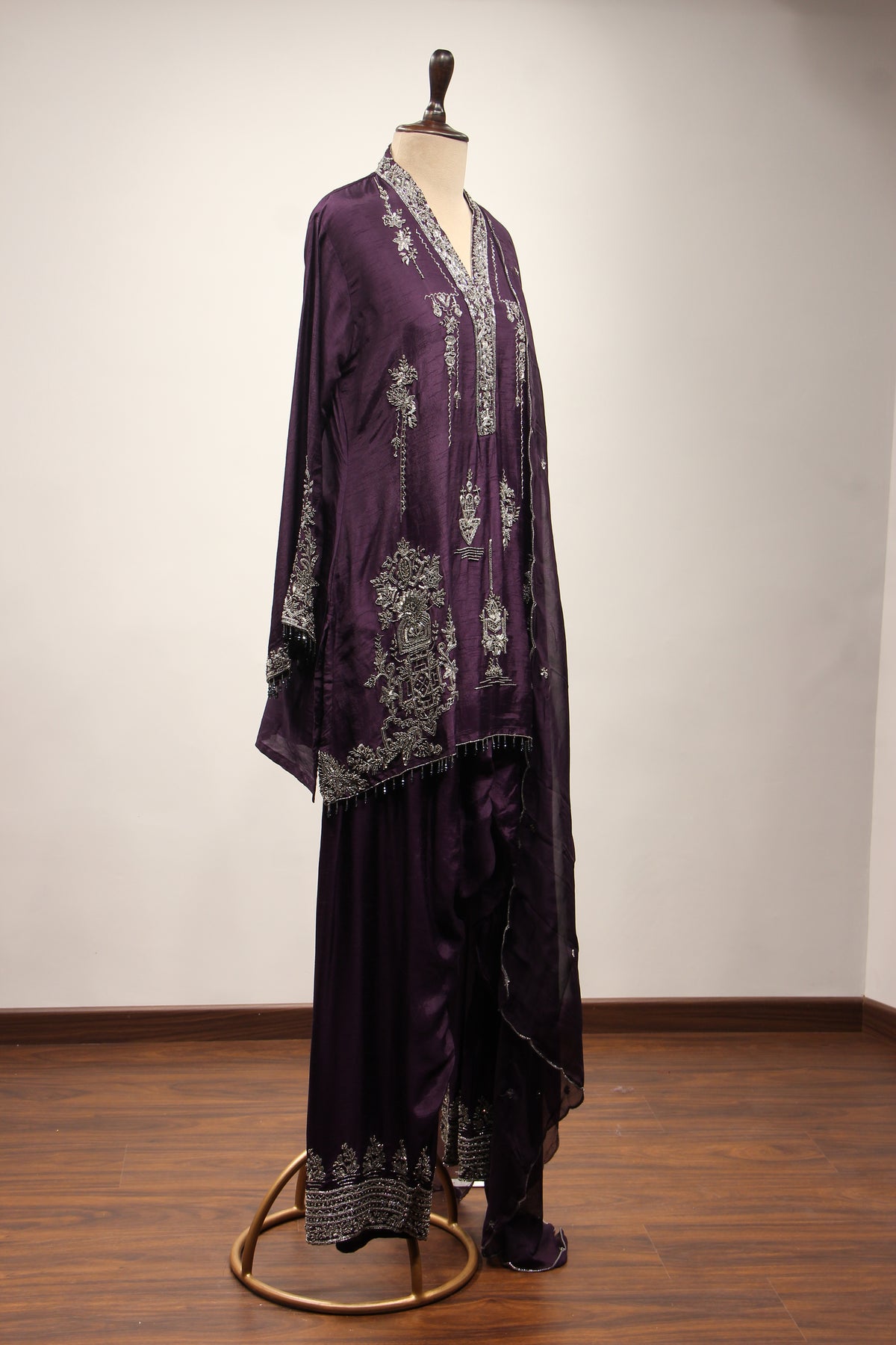Dupion Full Sleeve Farshi Salwar Suit with Cut Dana & Sequin Handwork in Purple – side view