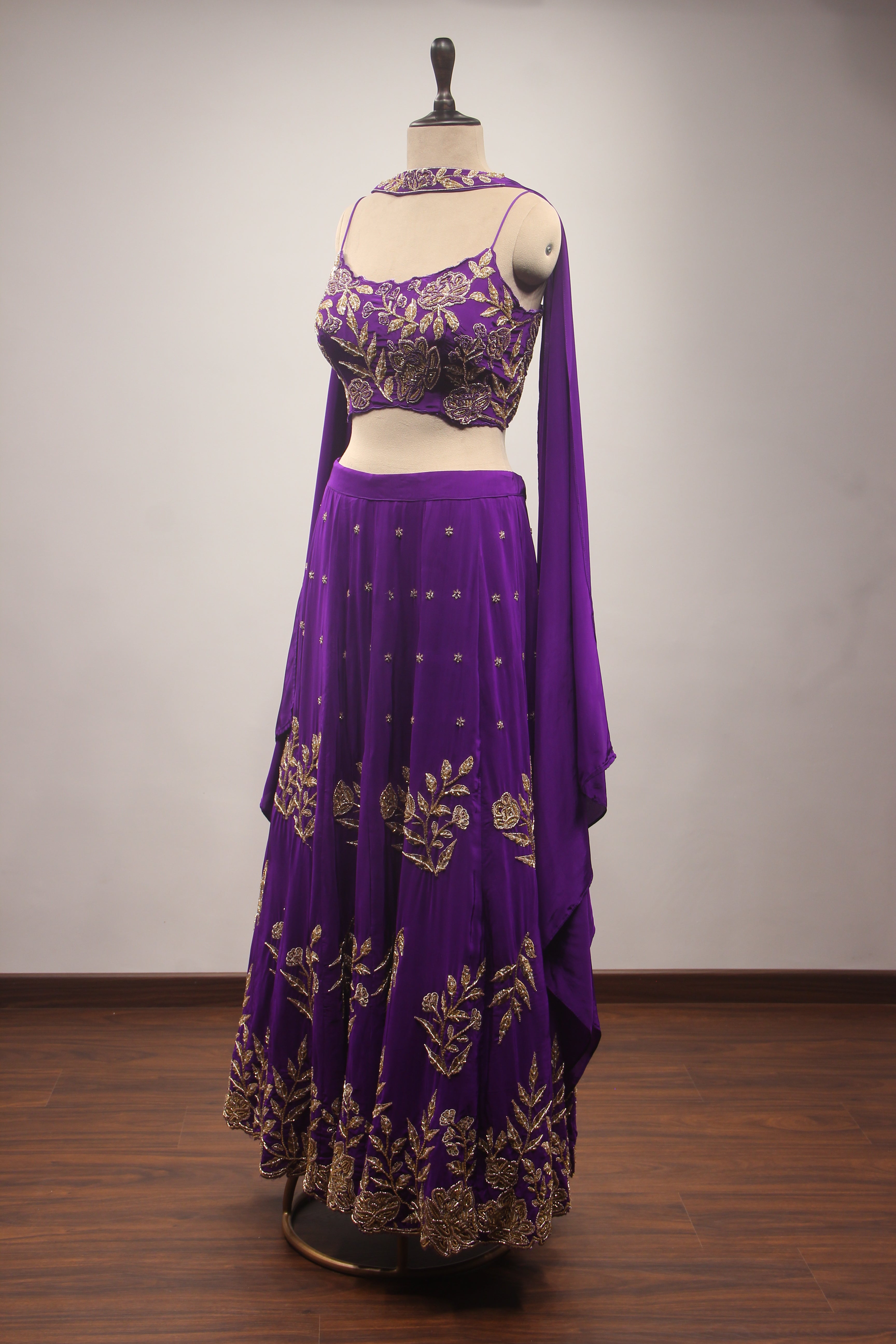 Crepe Lehenga with Zari & Zardozi Handwork Crop Top and Dupatta