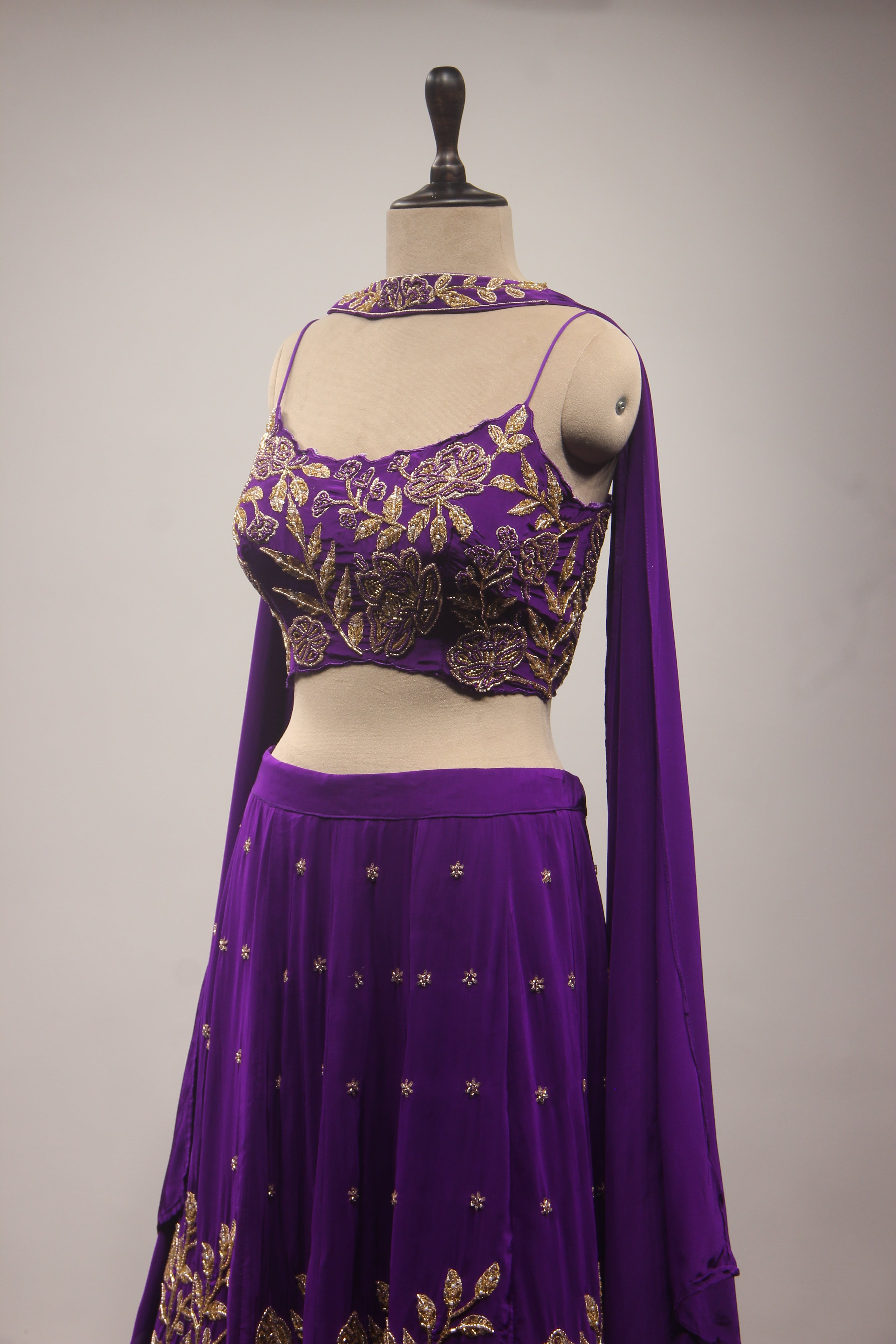 Crepe Lehenga with Zari & Zardozi Handwork Crop Top and Dupatta