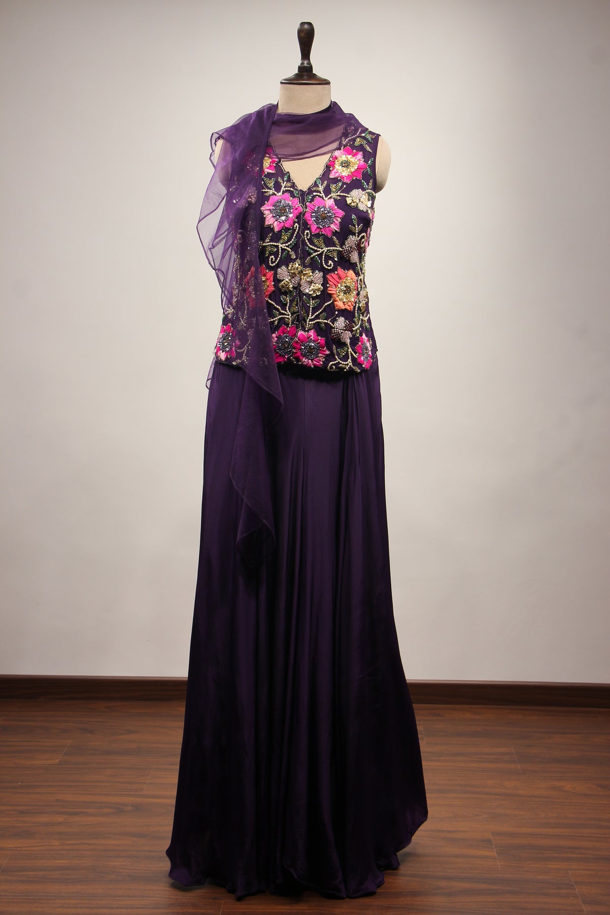 Crepe Appliqué & Bead Handwork Long Top Indo Western Set
