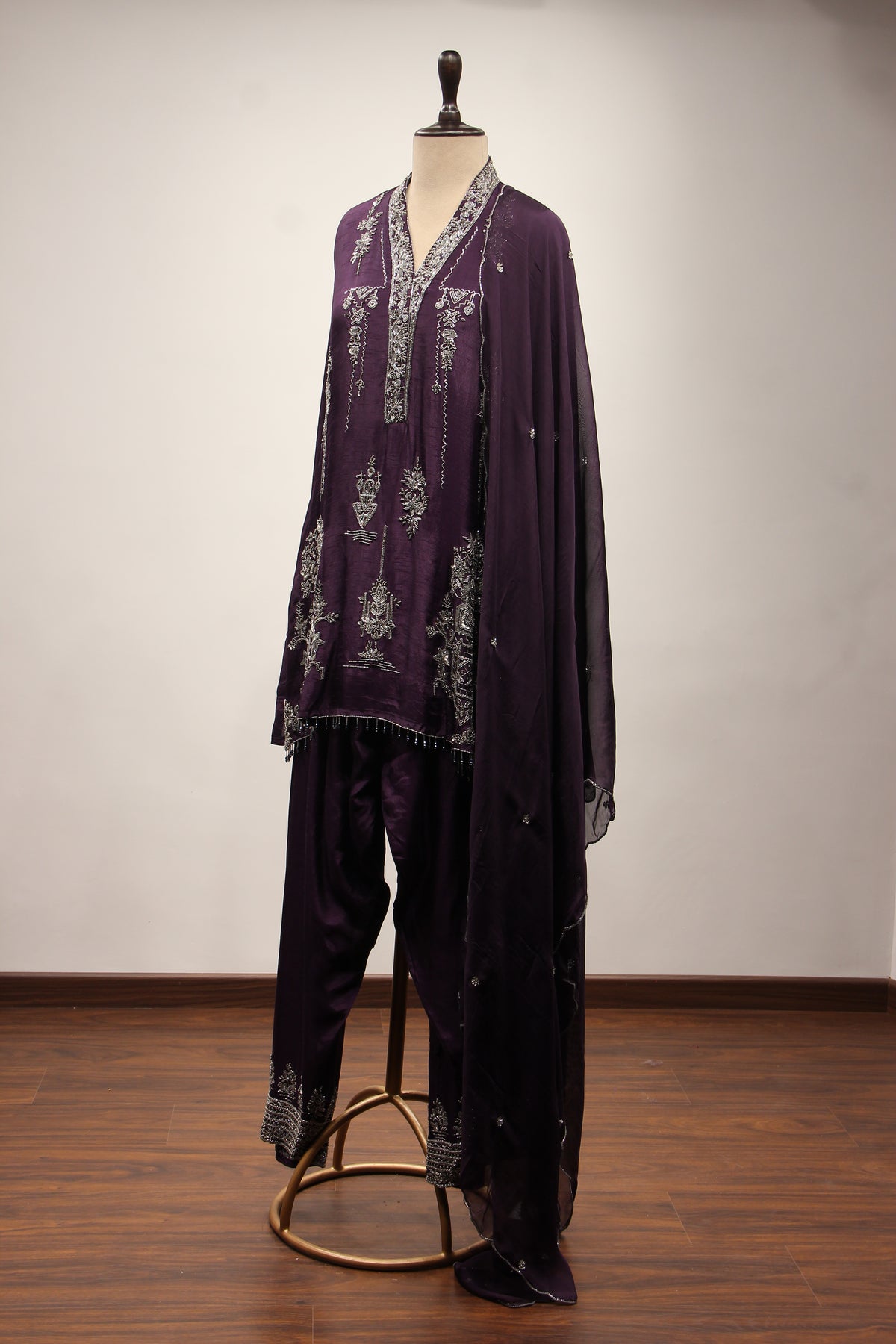 Dupion Full Sleeve Farshi Salwar Suit with Cut Dana & Sequin Handwork in Purple – other side view