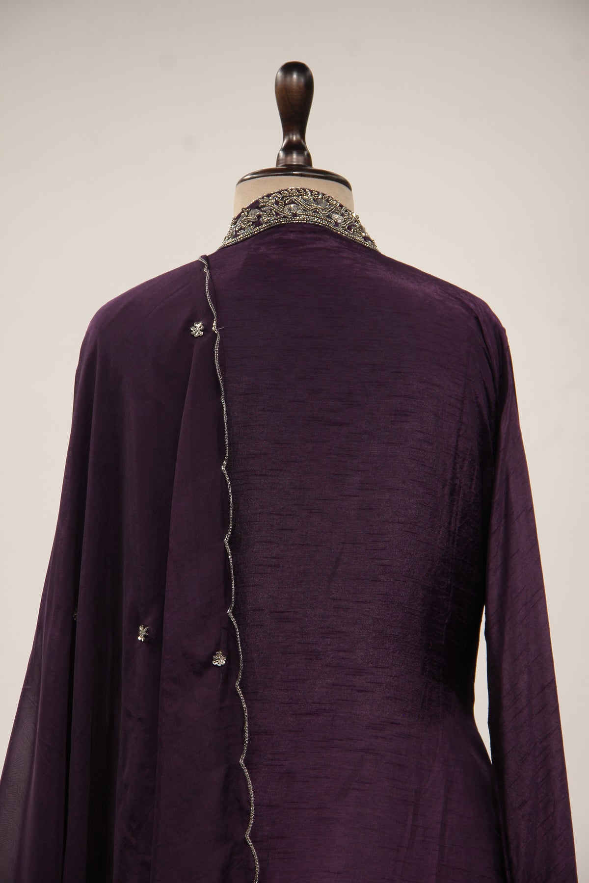 Dupion Full Sleeve Farshi Salwar Suit with Cut Dana & Sequin Handwork in Purple – back close-up