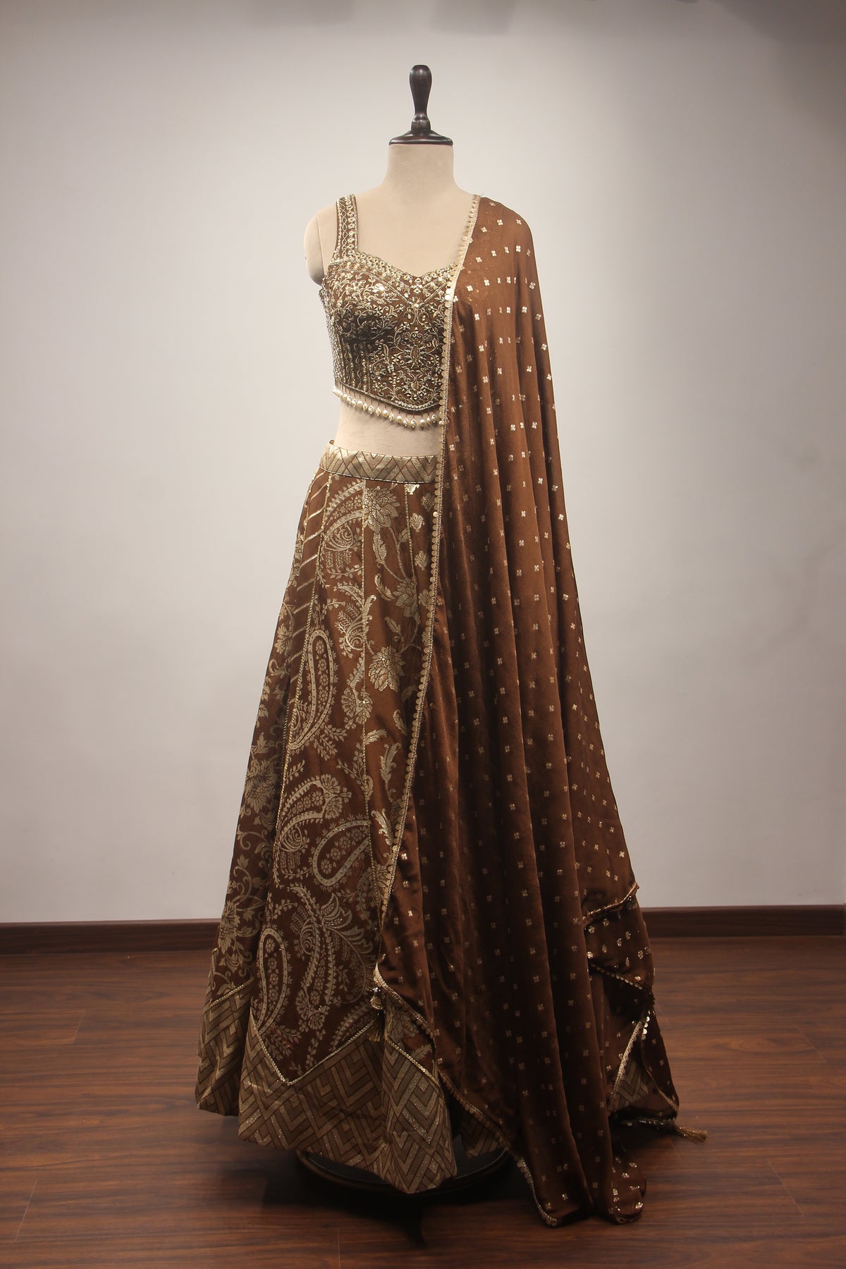 Brown Banarasi Brocade Corset Lehenga with Hand Embroidery & Mirror Handwork