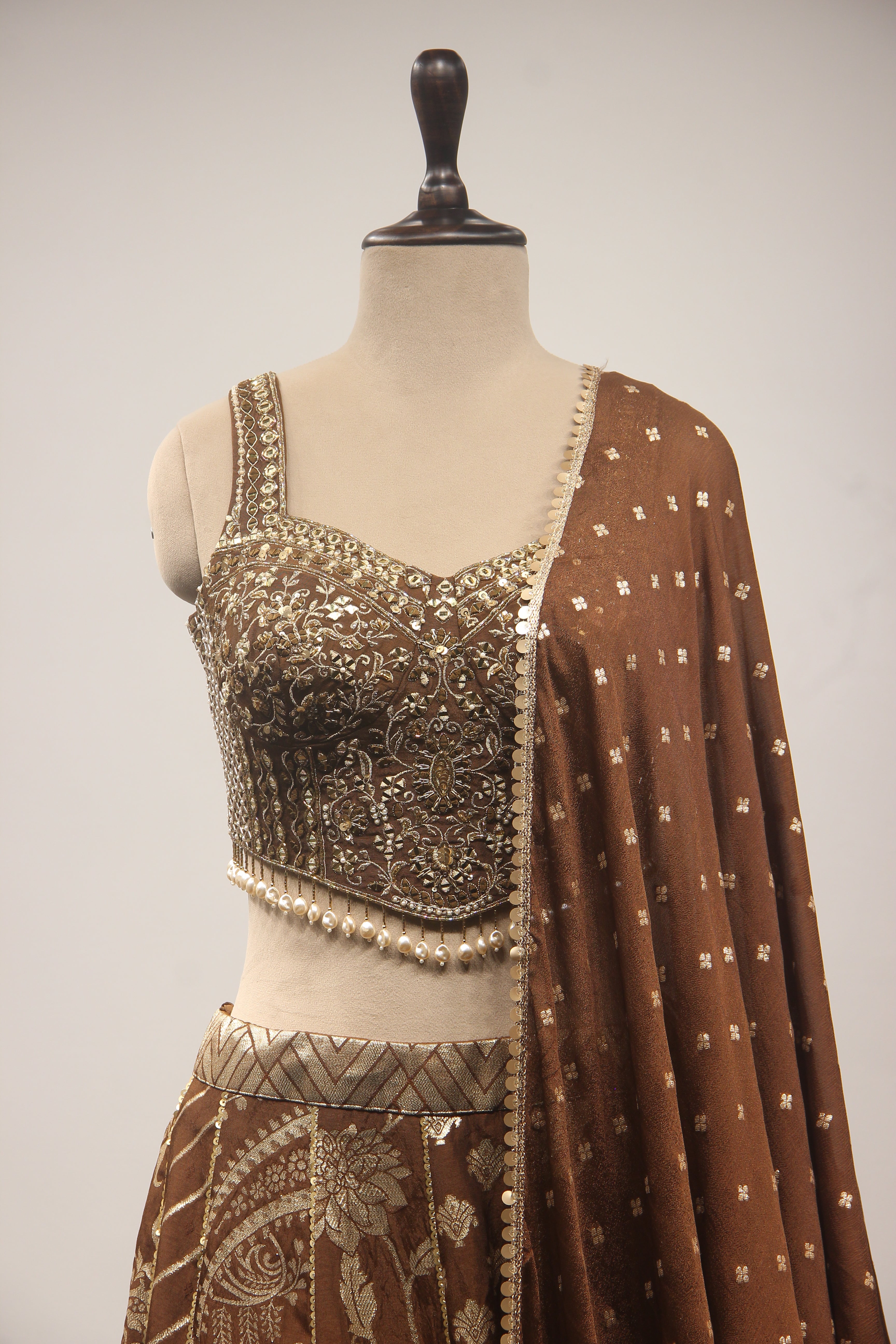 Brown Banarasi Brocade Corset Lehenga with Hand Embroidery & Mirror Handwork