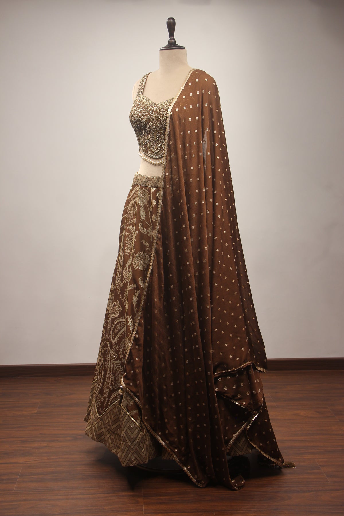 Brown Banarasi Brocade Corset Lehenga with Hand Embroidery & Mirror Handwork