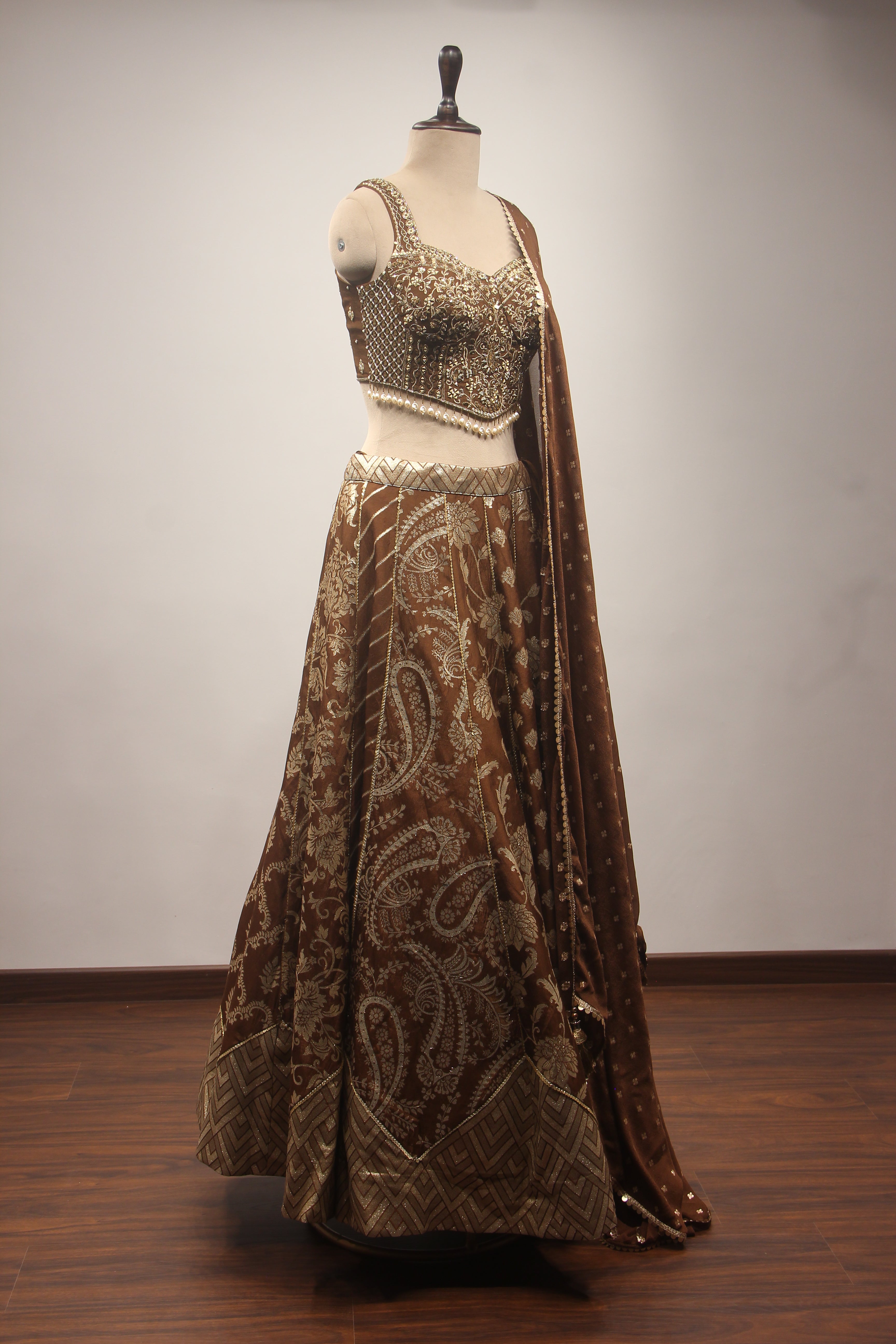 Brown Banarasi Brocade Corset Lehenga with Hand Embroidery & Mirror Handwork