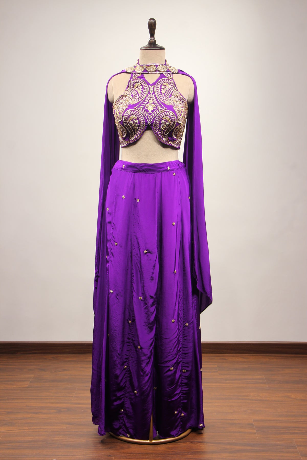Crepe Purple Halter Neck Palazzo with Cut Dana & Thread Handwork