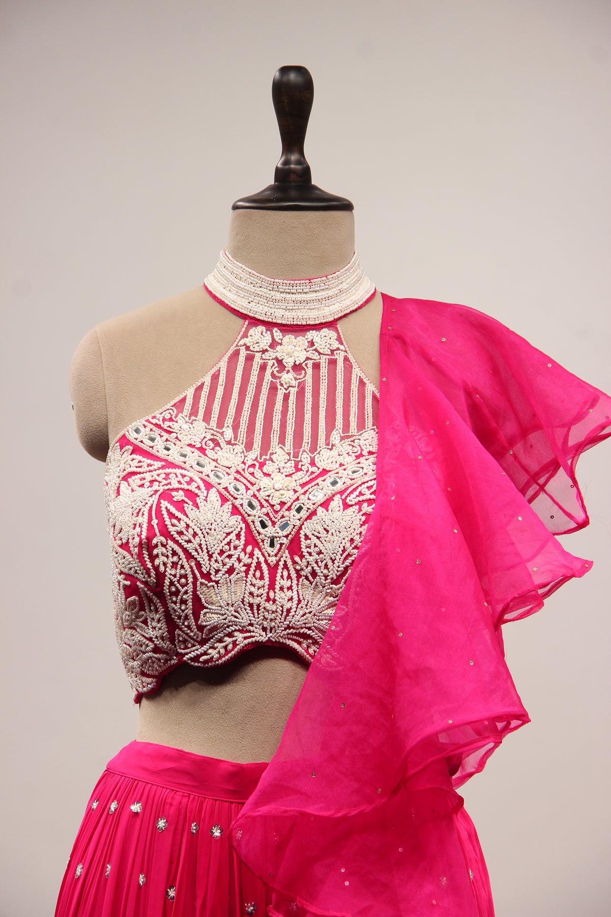 Crepe Rani Indo Western Halter Neck Palazzo Ruffle Dupatta Set