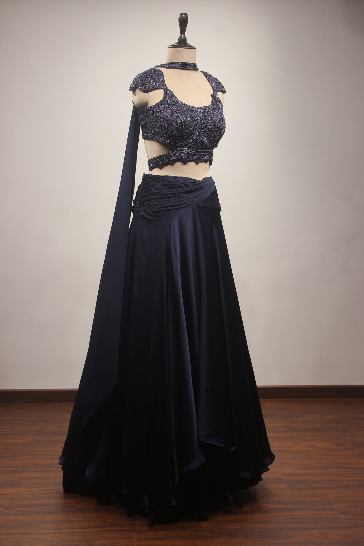 Navy Blue Crepe Mermaid Lehenga with Hand Embroidery & Bead Handwork