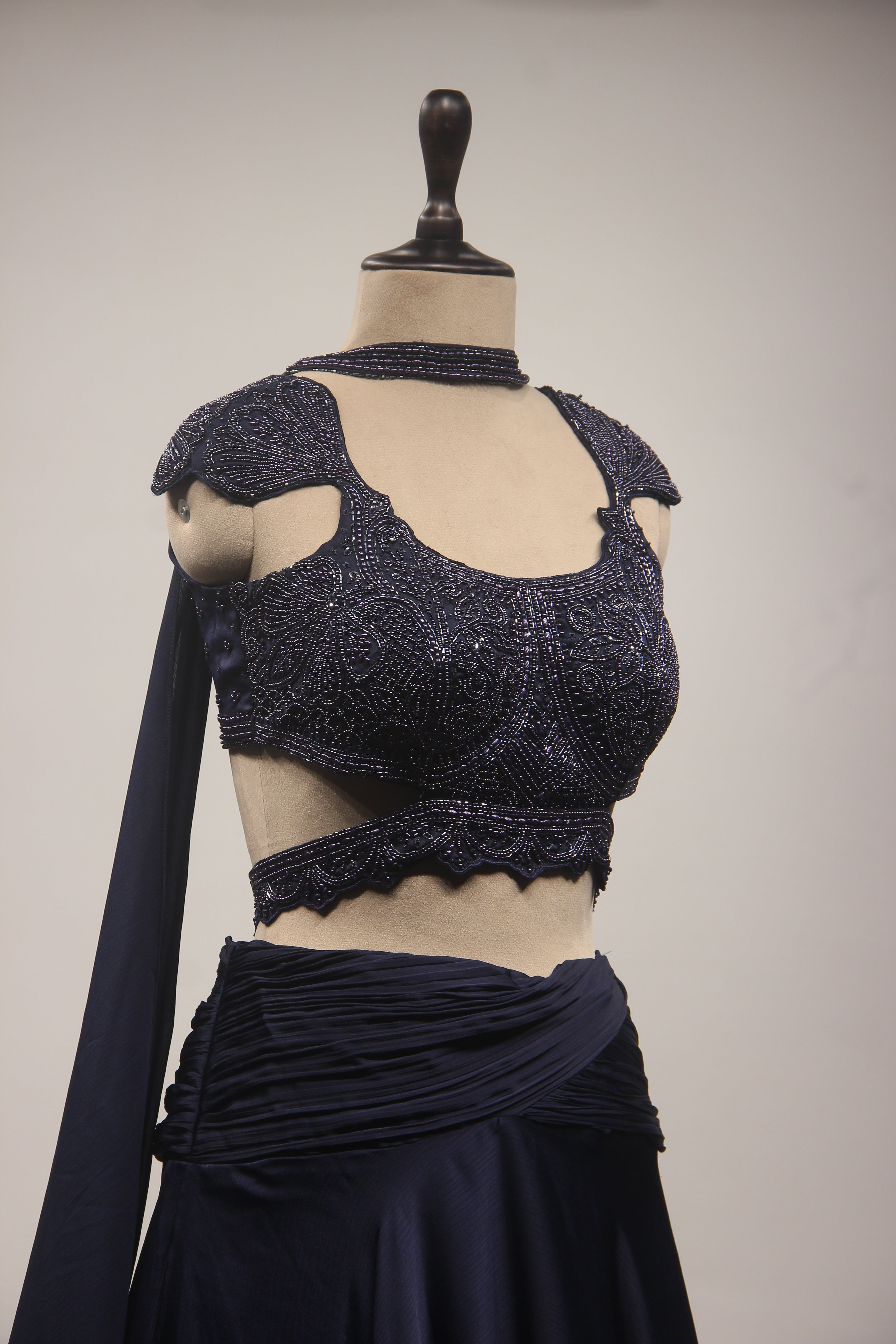 Navy Blue Crepe Mermaid Lehenga with Hand Embroidery & Bead Handwork