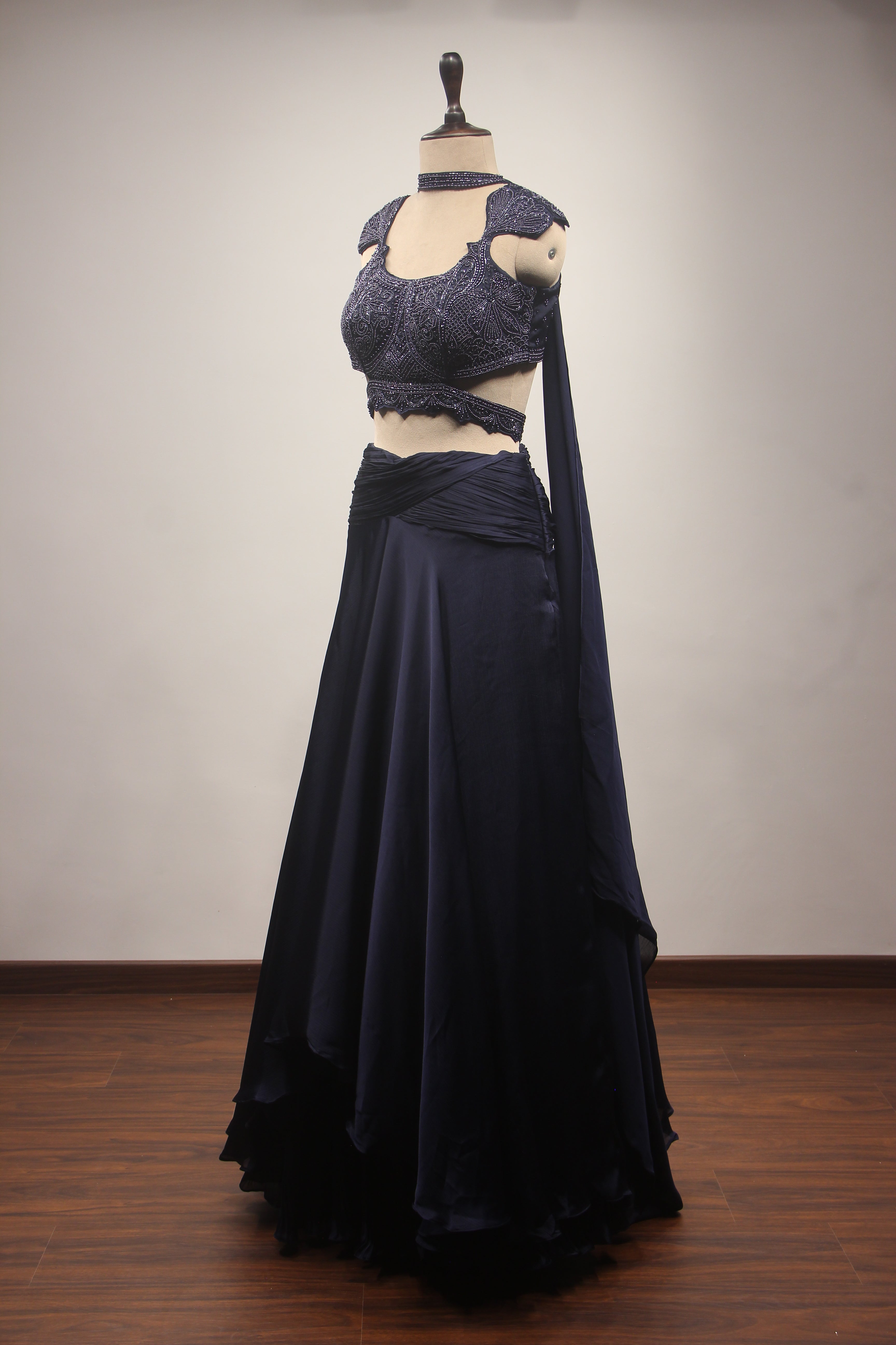 Navy Blue Crepe Mermaid Lehenga with Hand Embroidery & Bead Handwork