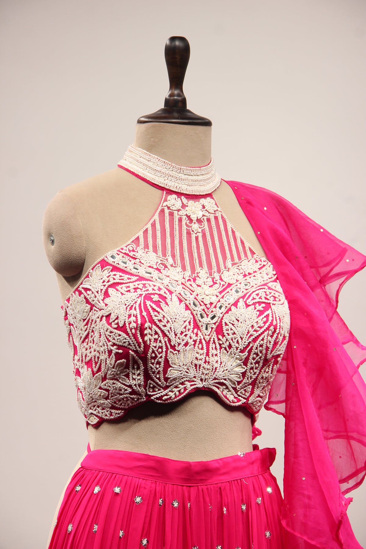 Crepe Rani Indo Western Halter Neck Palazzo Ruffle Dupatta Set