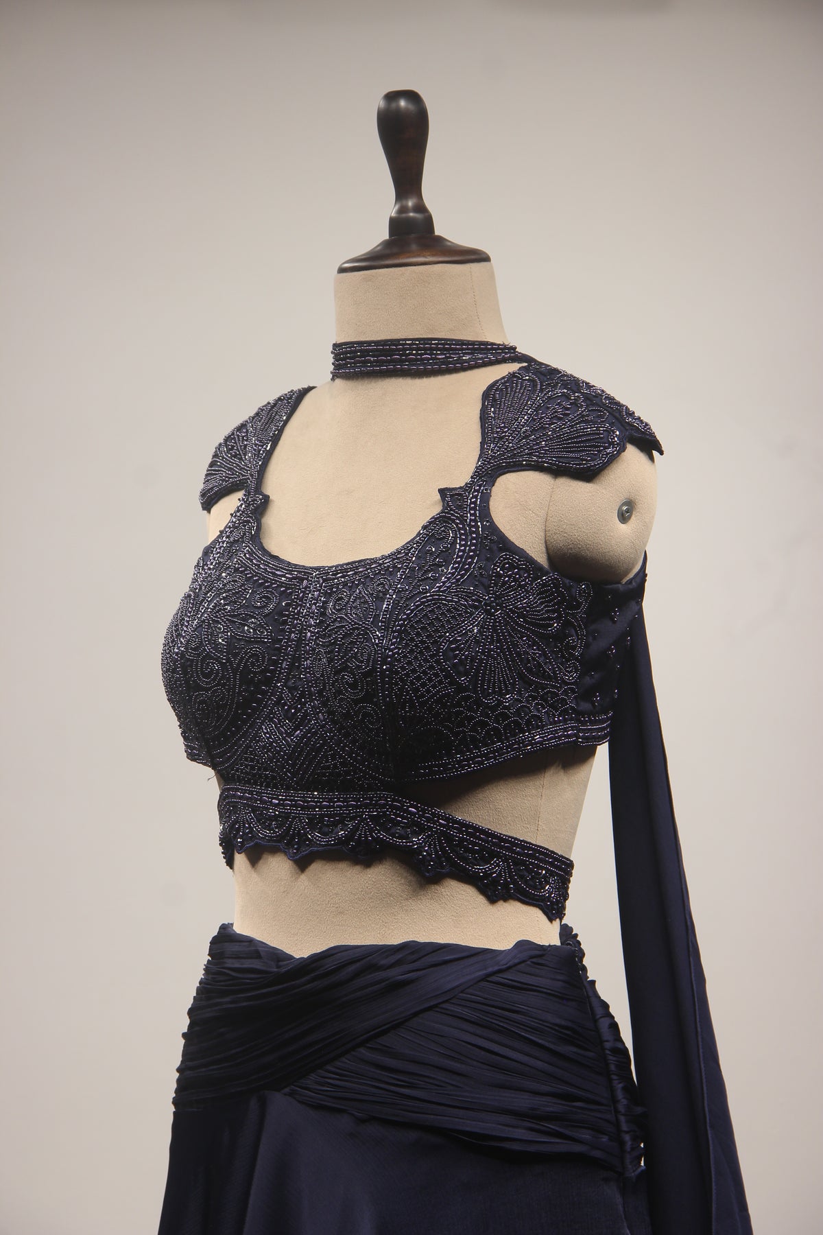 Navy Blue Crepe Mermaid Lehenga with Hand Embroidery & Bead Handwork