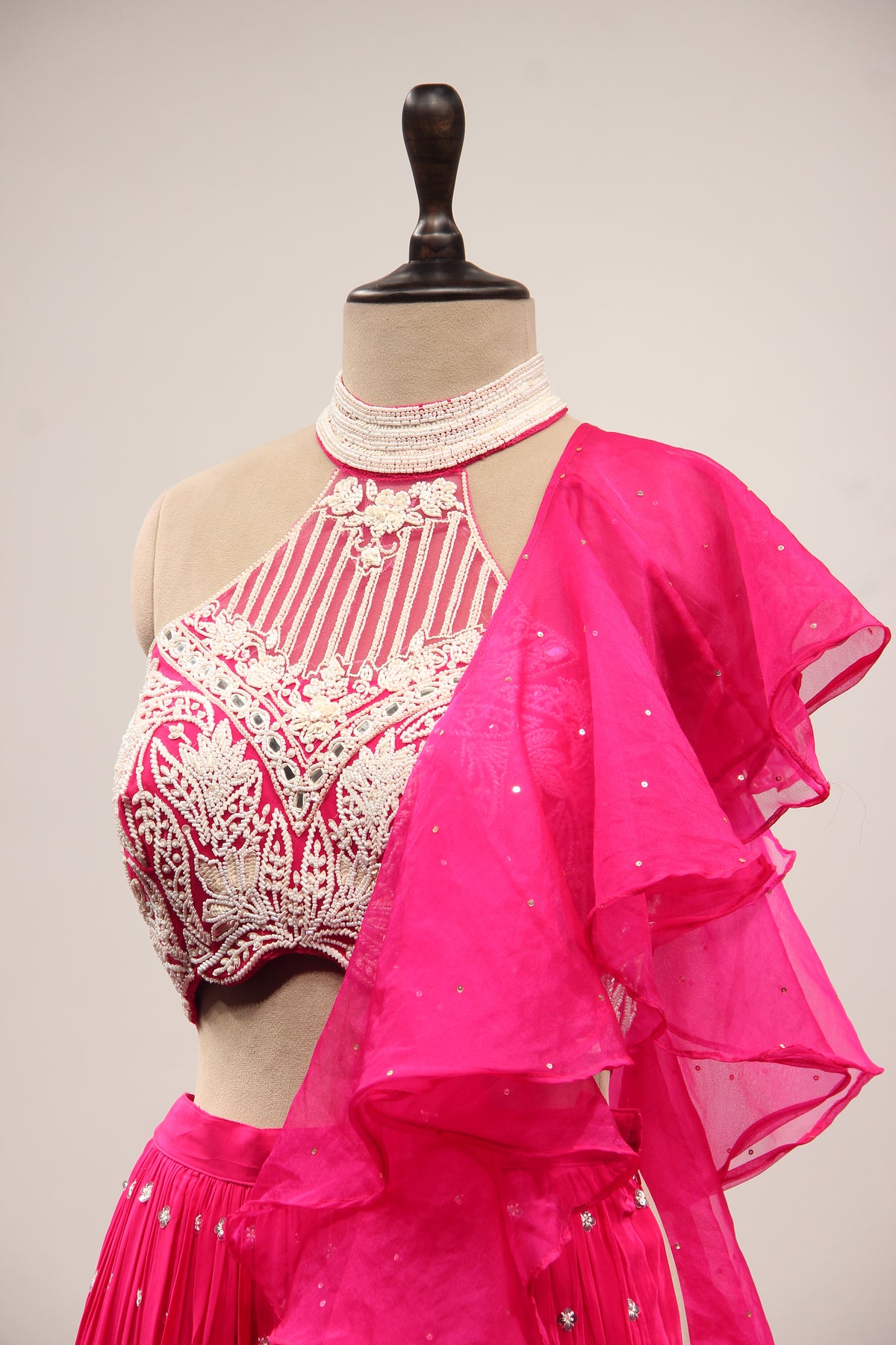 Crepe Rani Indo Western Halter Neck Palazzo Ruffle Dupatta Set