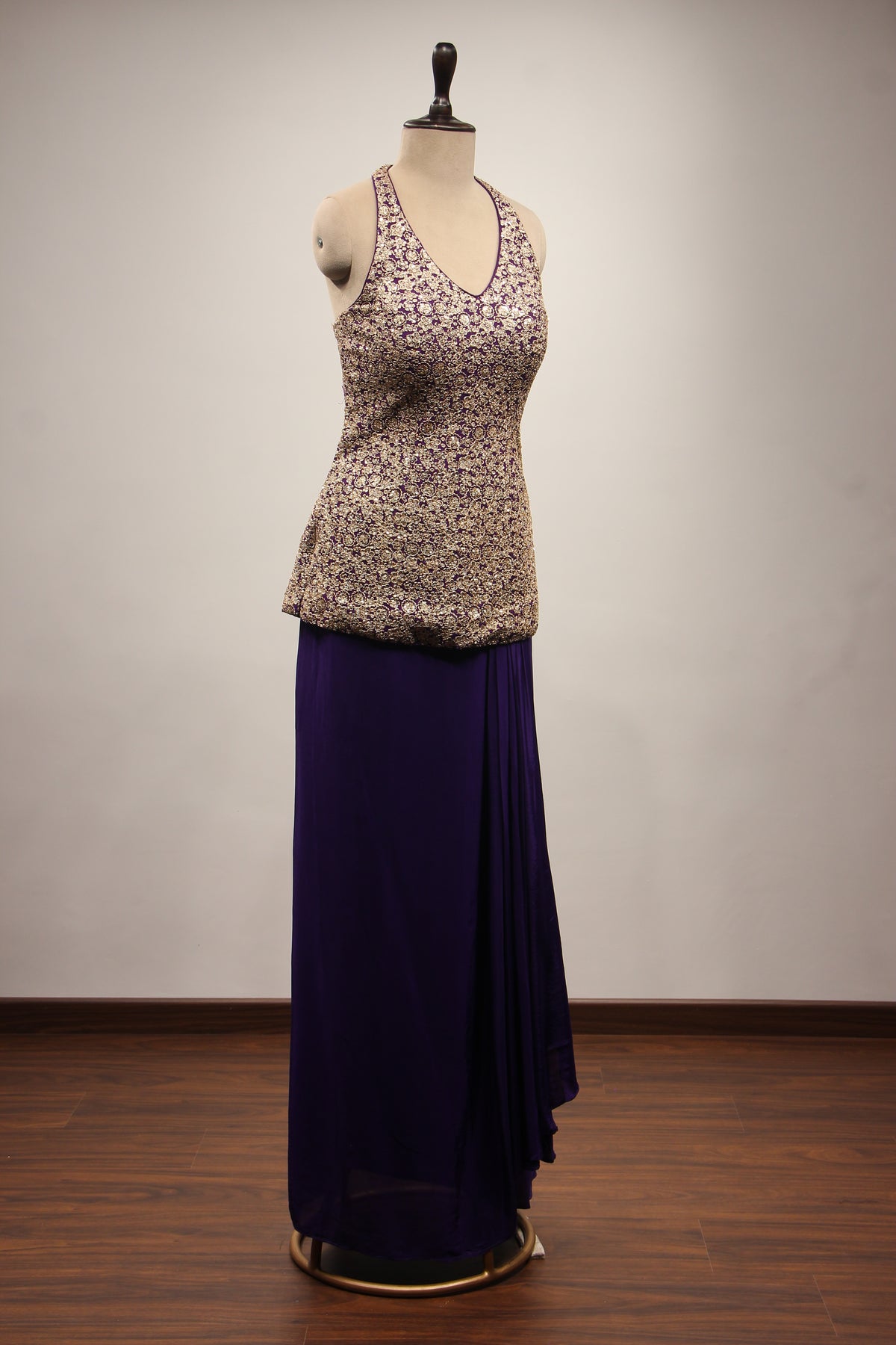 Crepe Purple Halter Neck Indo Western with Zari & Sequin Handwork
