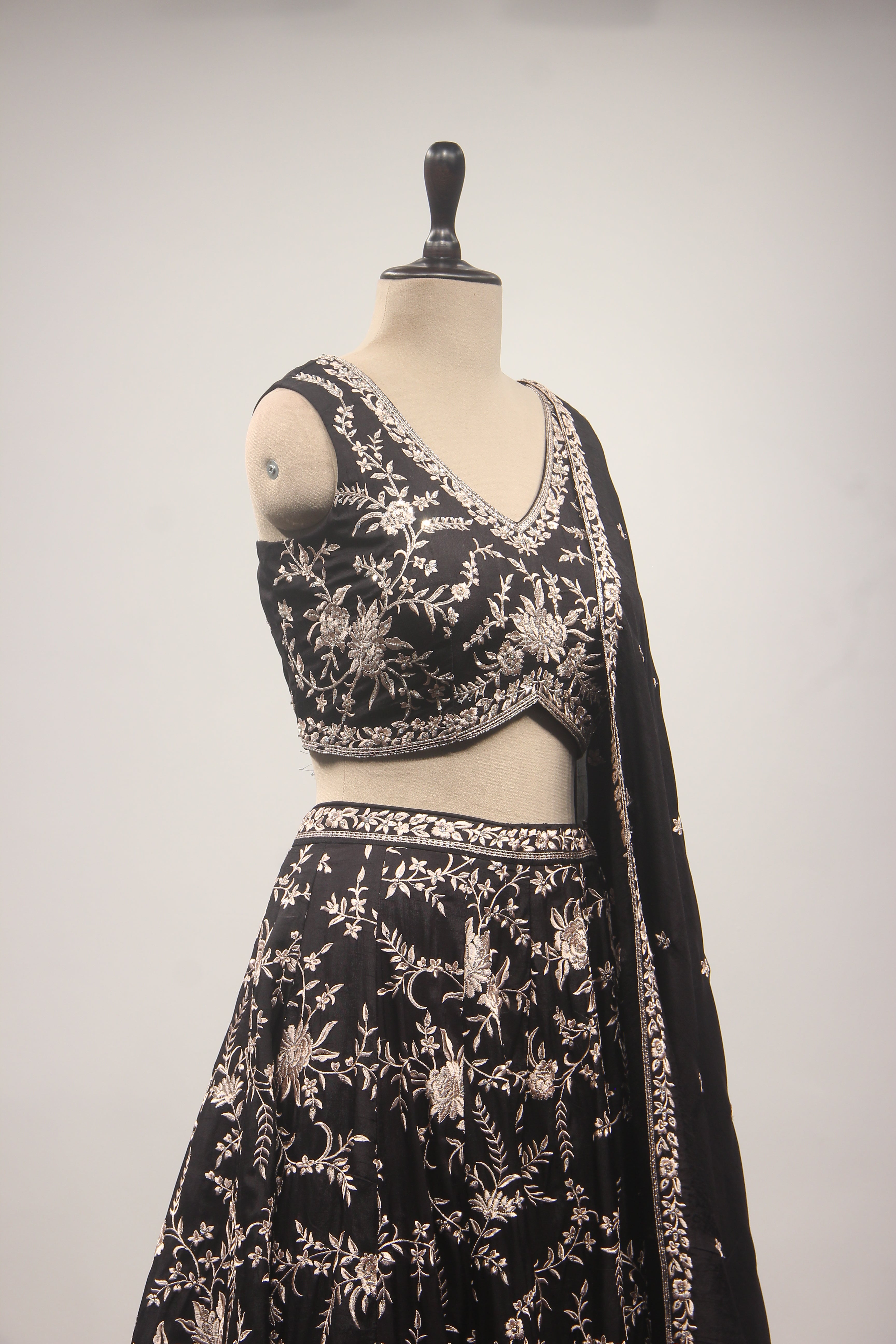 Dupion Lehenga Crop Top with Resham & Cut Dana Handwork