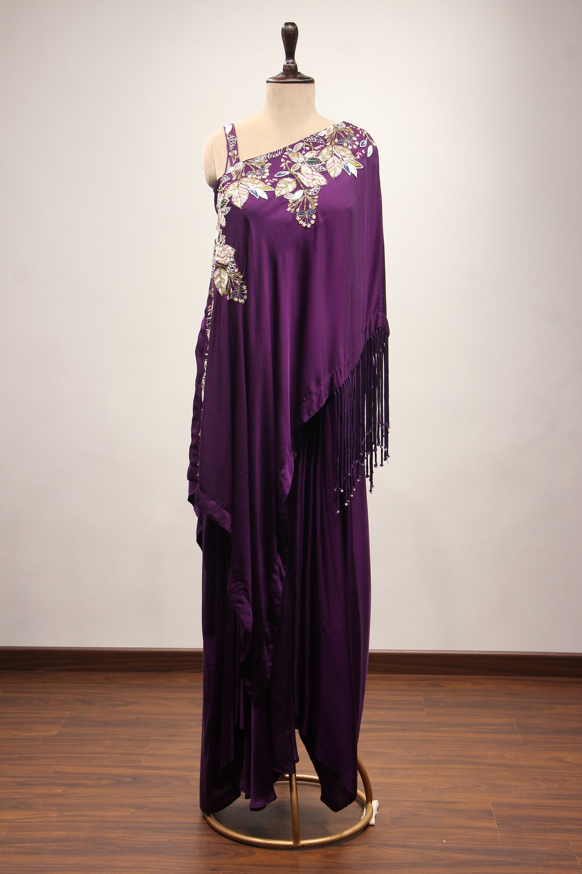 Satin Purple Off-Shoulder Palazzo Set with Zari & Sequin Handwork