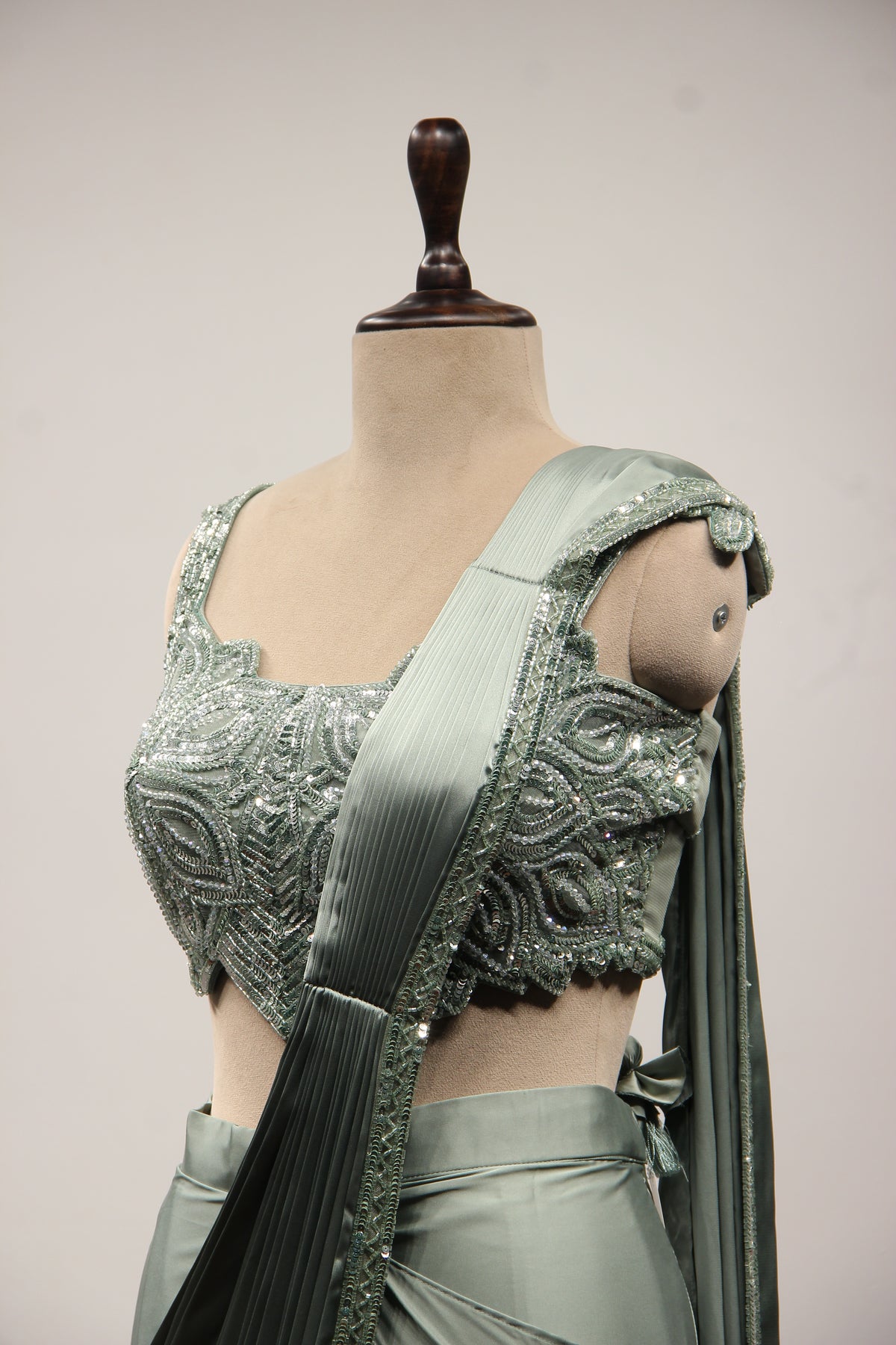 Imported Rama Green Drape Saree with Cut Dana & Sequin Handwork Crop Top