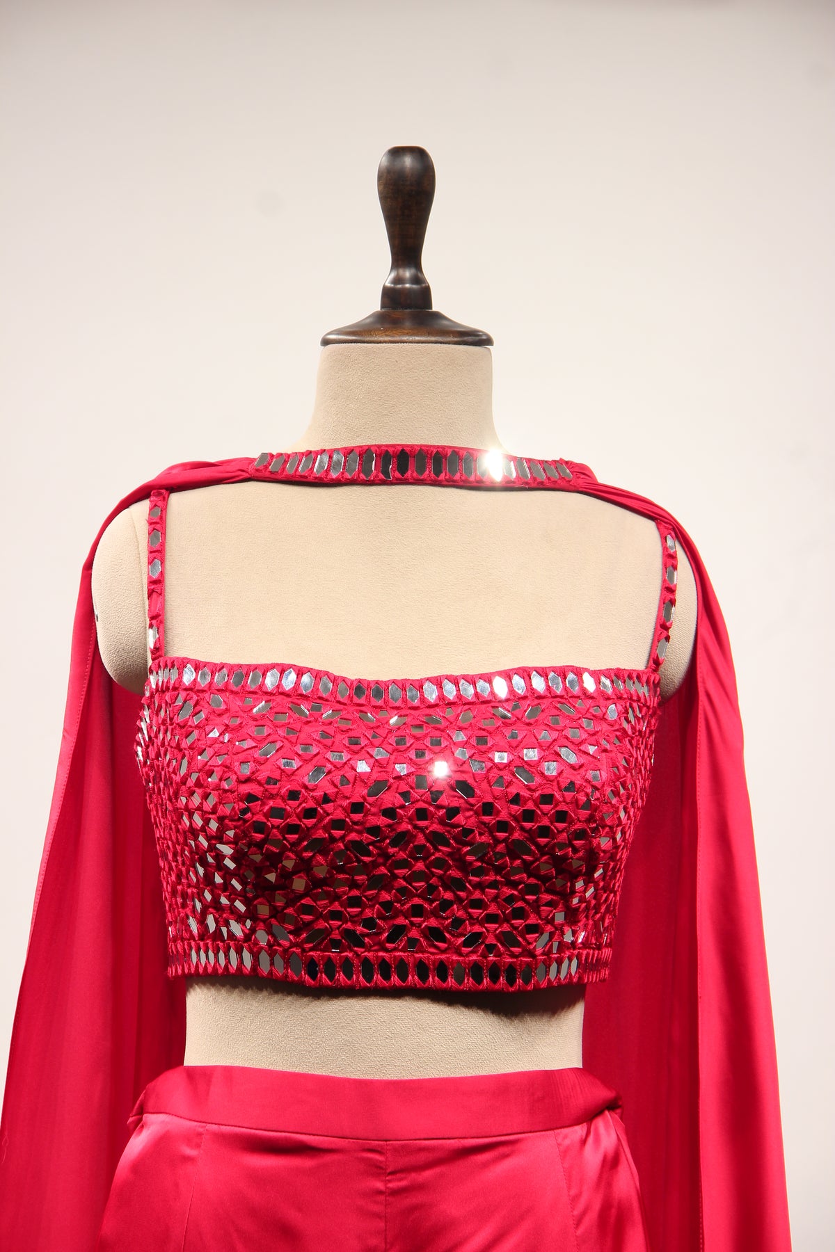 Red Satin Indo Western Crop Top Palazzo with Hand Embroidery & Mirror – front close-up