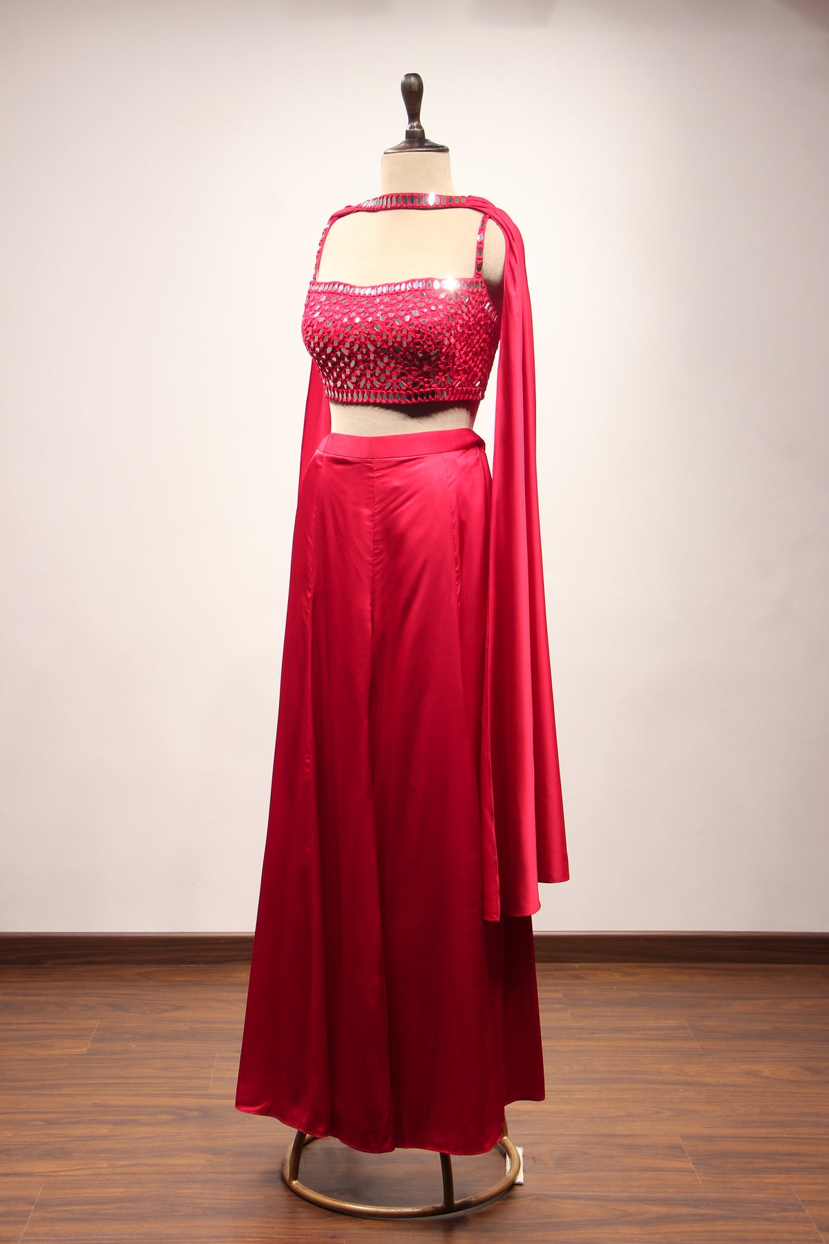 Red Satin Indo Western Crop Top Palazzo with Hand Embroidery & Mirror – side view