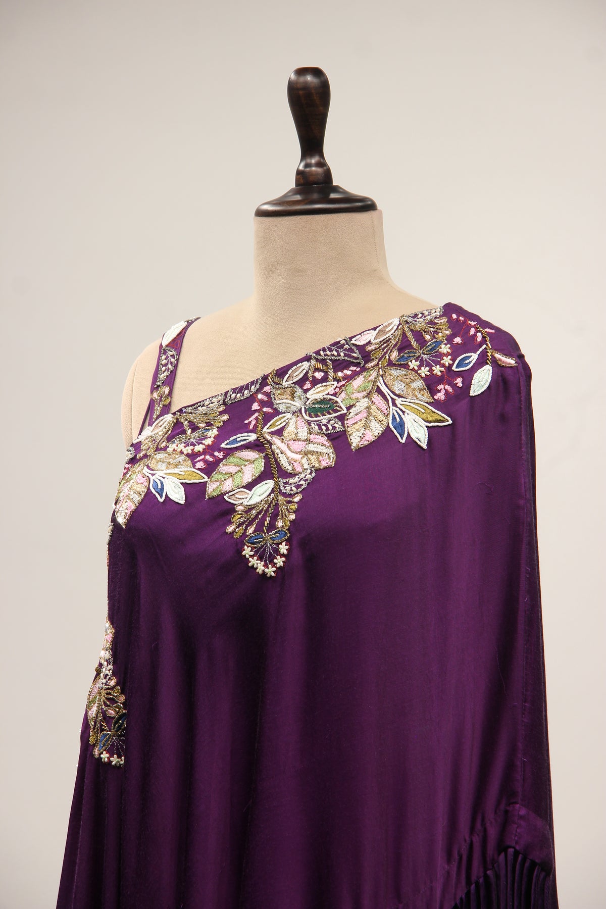 Satin Purple Off-Shoulder Palazzo Set with Zari & Sequin Handwork