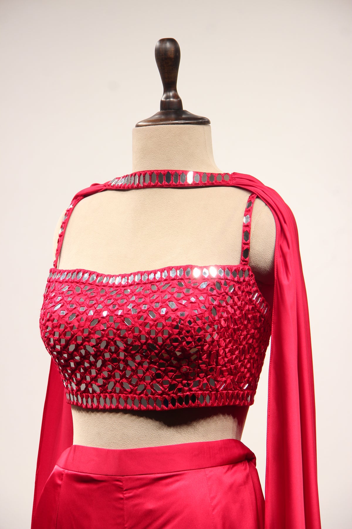Red Satin Indo Western Crop Top Palazzo with Hand Embroidery & Mirror – side close-up