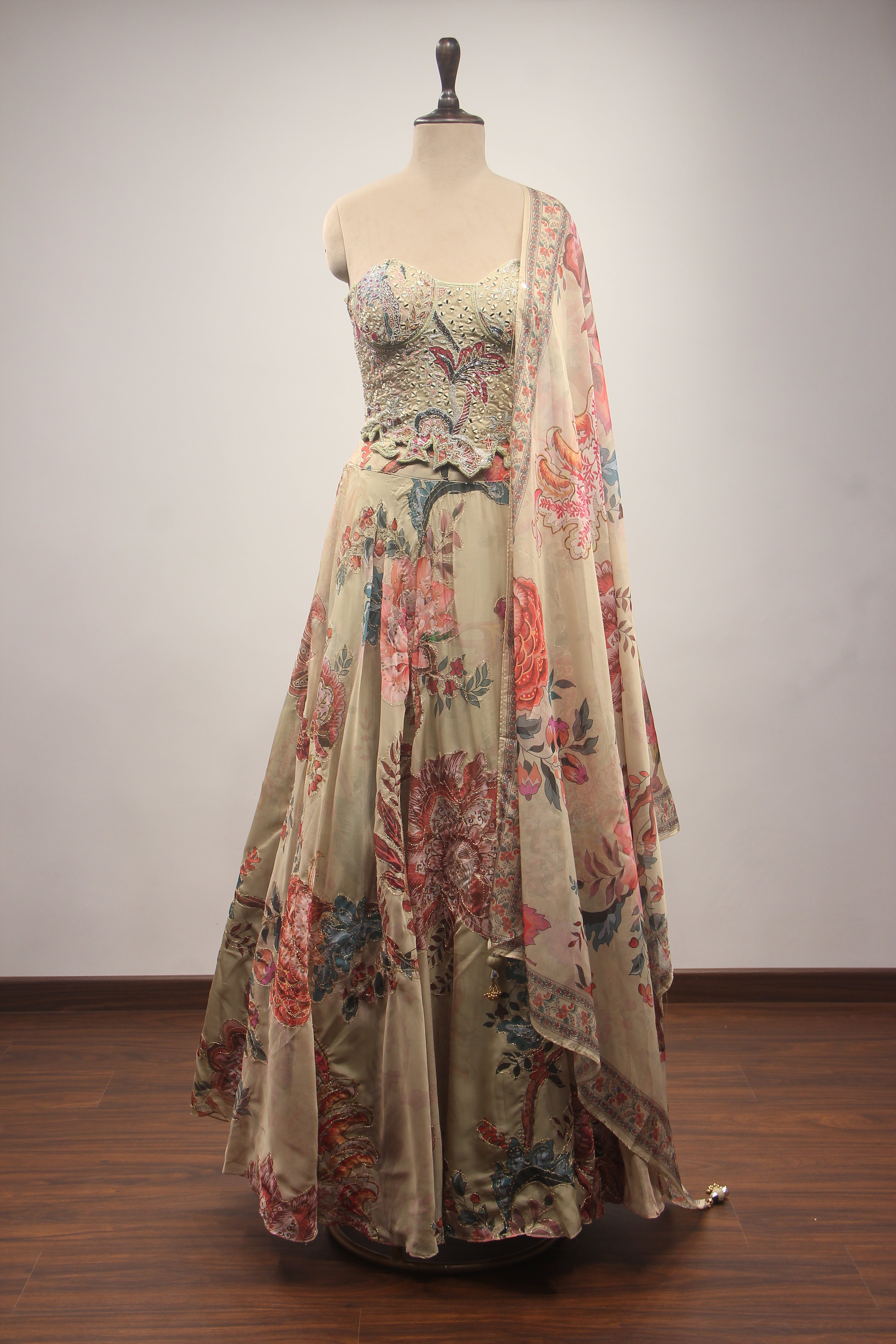 Organza Corset Lehenga with Hand Embroidery & Printed Floral Detail