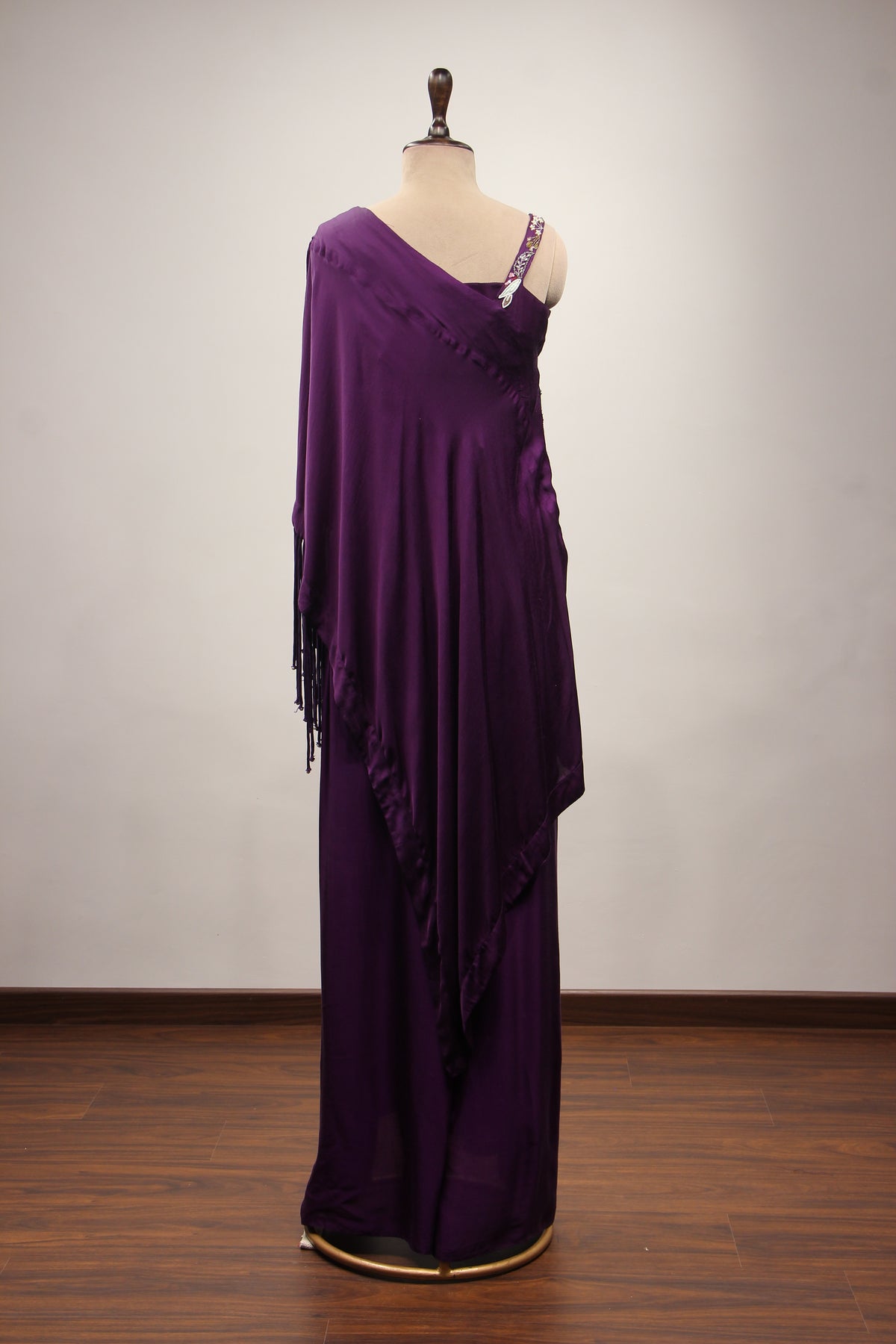 Satin Purple Off-Shoulder Palazzo Set with Zari & Sequin Handwork