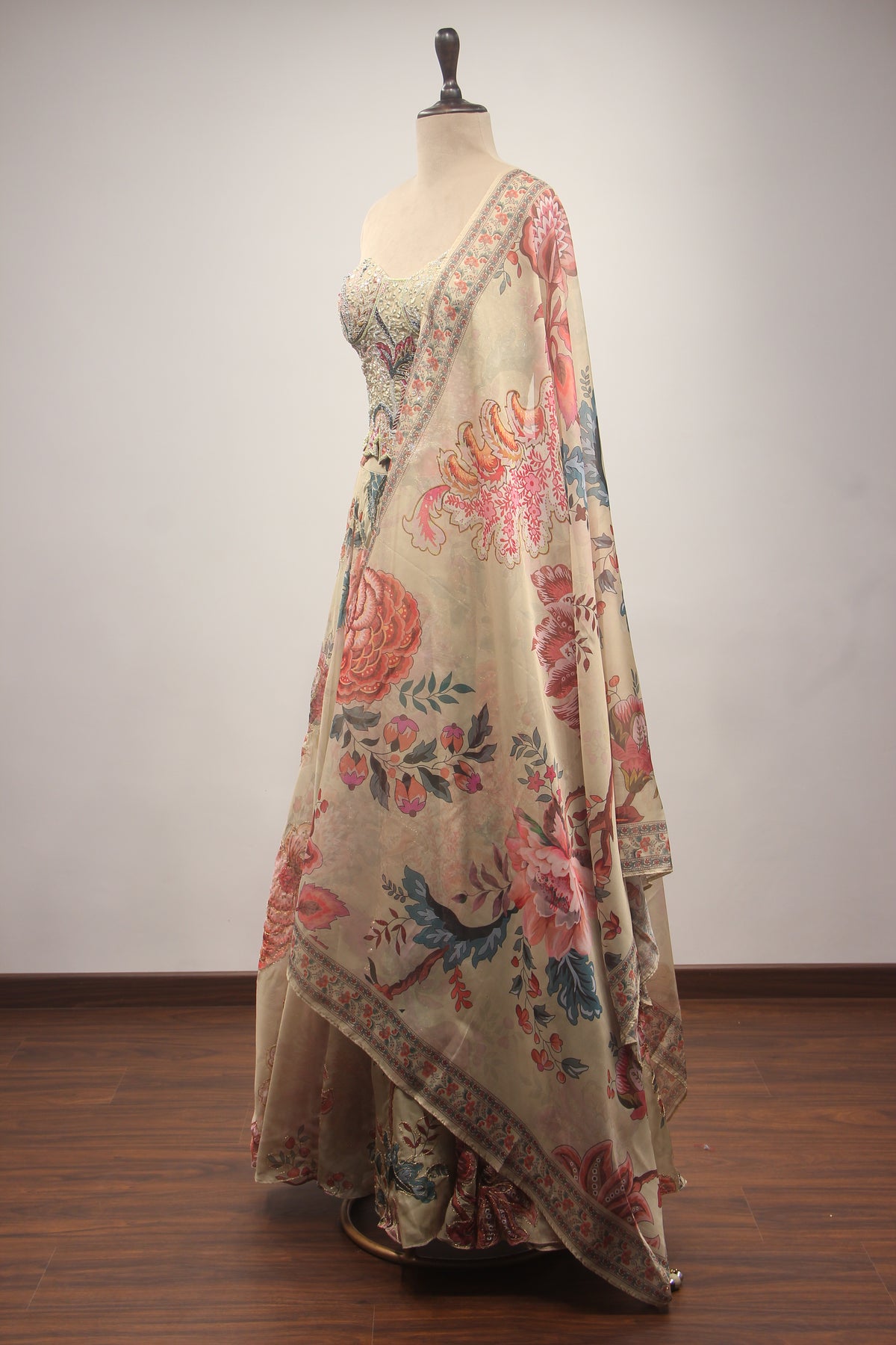 Organza Corset Lehenga with Hand Embroidery & Printed Floral Detail
