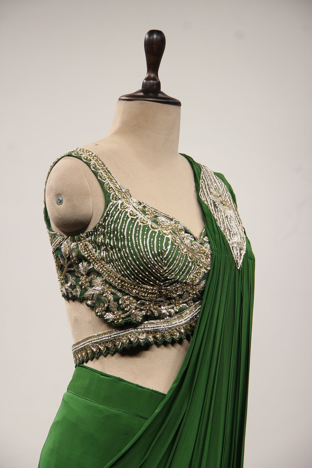 Crepe Drape Saree with Sequin & Cut Dana Handwork Crop Top in Green