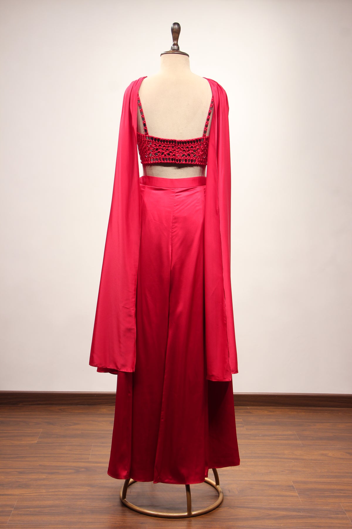 Red Satin Indo Western Crop Top Palazzo with Hand Embroidery & Mirror – back view
