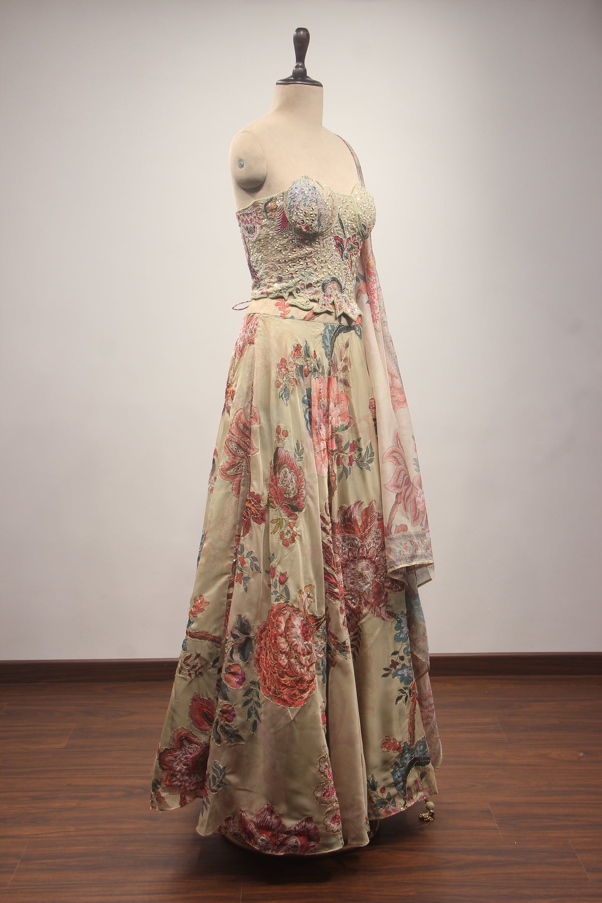 Organza Corset Lehenga with Hand Embroidery & Printed Floral Detail