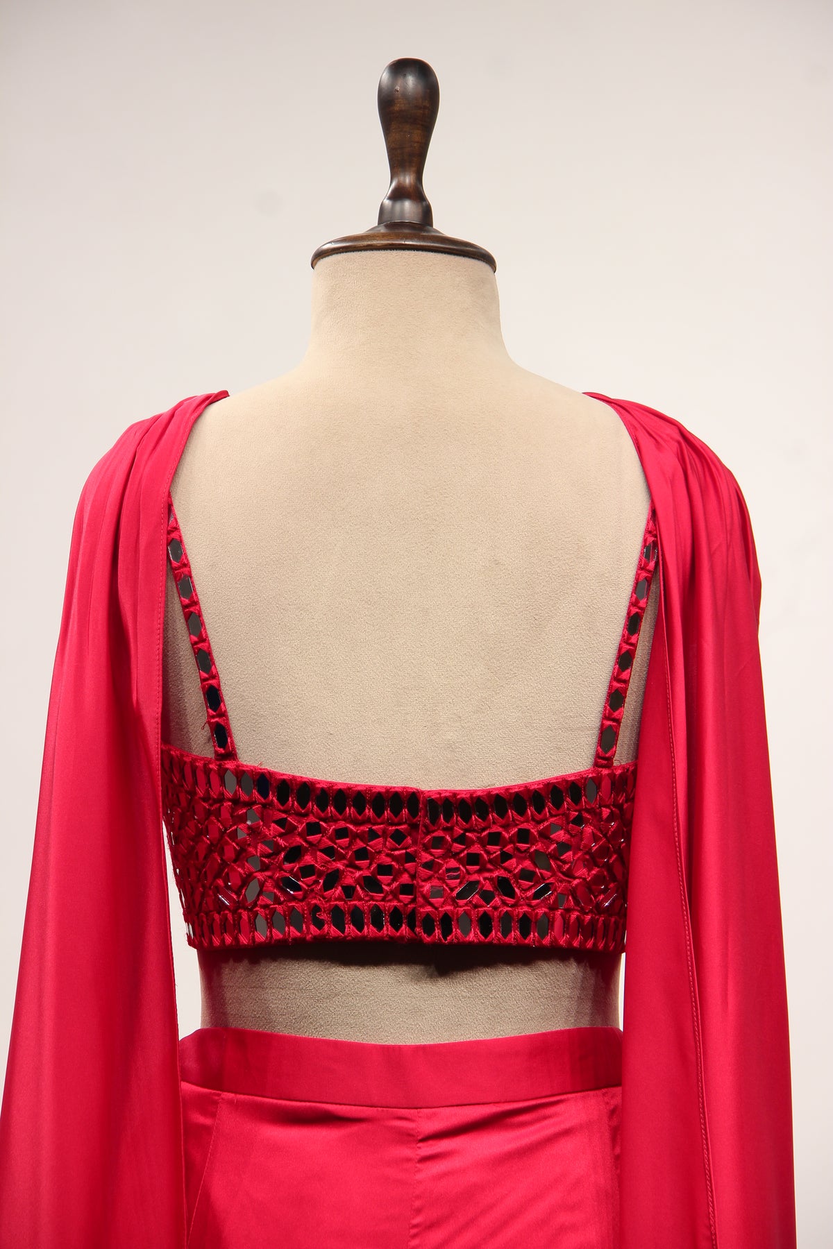 Red Satin Indo Western Crop Top Palazzo with Hand Embroidery & Mirror – back close-up